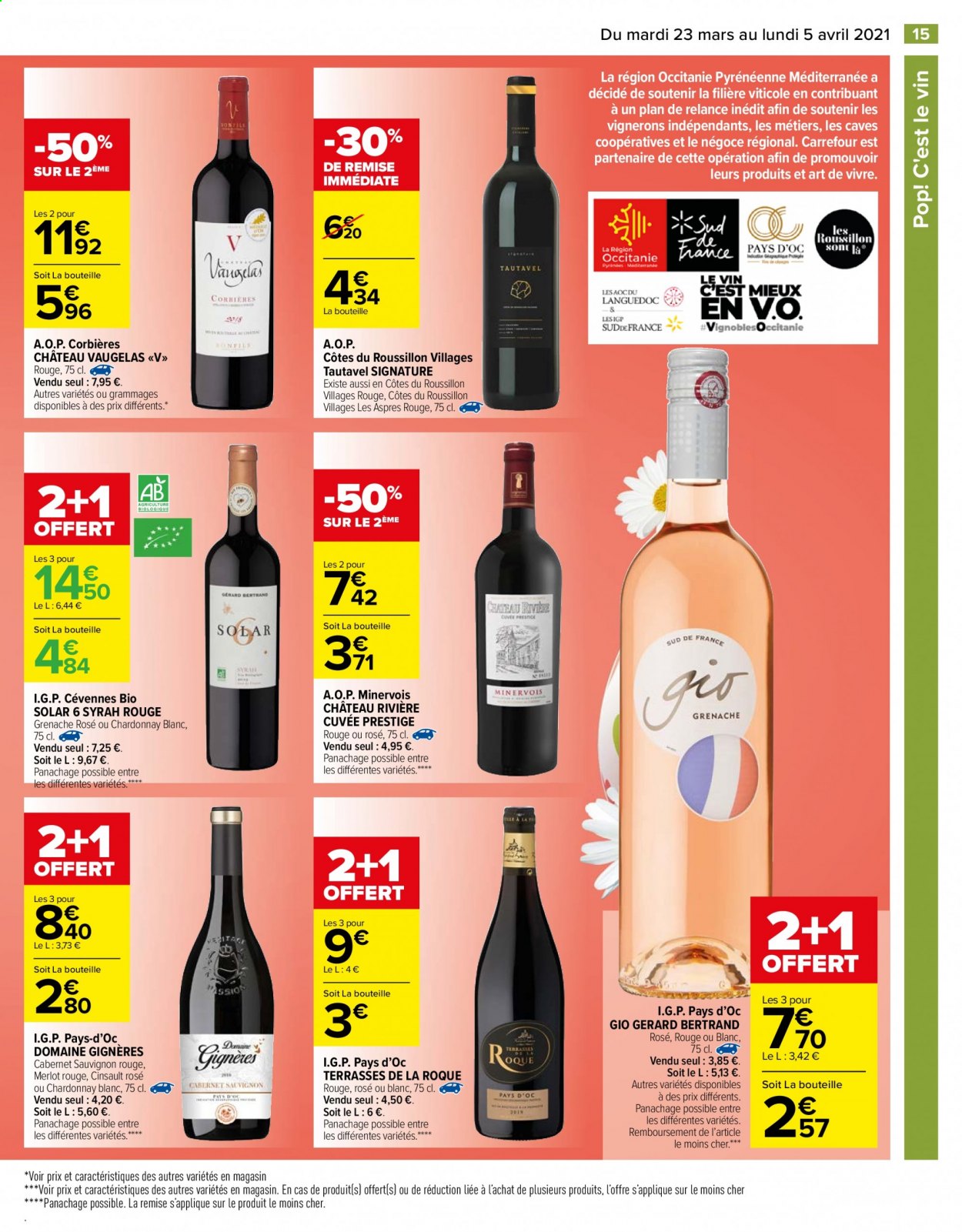 thumbnail - Catalogue Carrefour Hypermarchés - 23/03/2021 - 05/04/2021 - Produits soldés - alcool, Corbières, Côtes du Roussillon, Cabernet Sauvignon. Page 15.