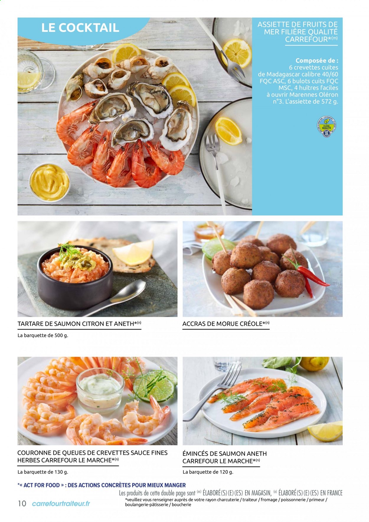 thumbnail - Catalogue Carrefour Hypermarchés - Produits soldés - bulot, crevettes, huître, accras de morue, tartare de saumon, fromage. Page 10.
