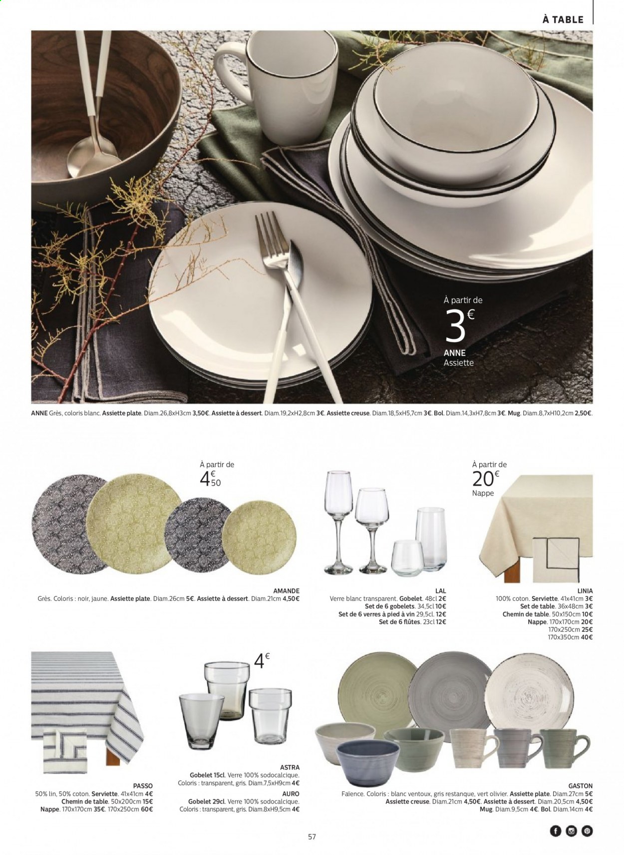 thumbnail - Catalogue alinea - Produits soldés - nappe, assiette, mug, set de table, verre, chemin de table, serviette. Page 57.