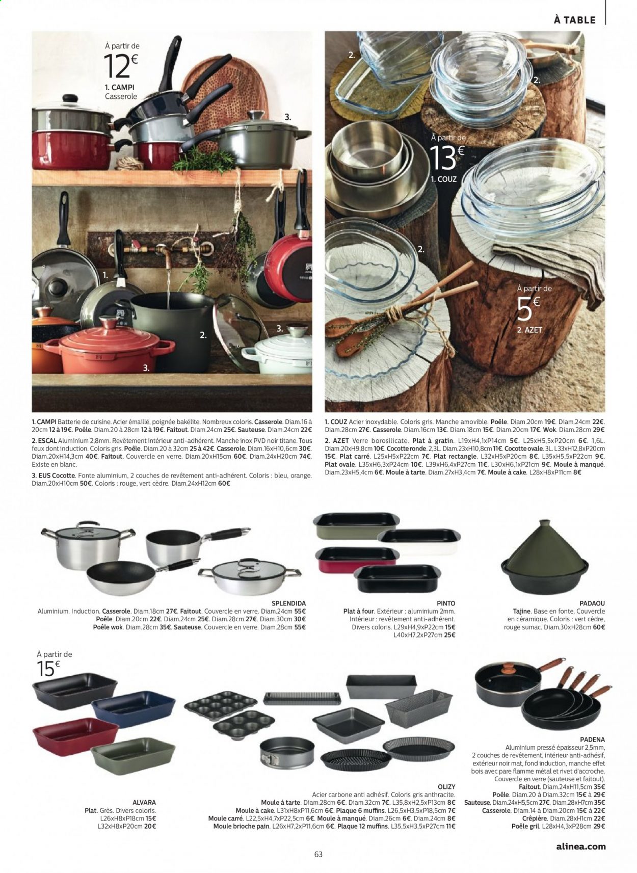 thumbnail - Catalogue alinea - Produits soldés - batterie de cuisine, casserole, poêle, plat à four, sauteuse, cocotte, moule à cake, moule à tarte, moule à manqué. Page 63.