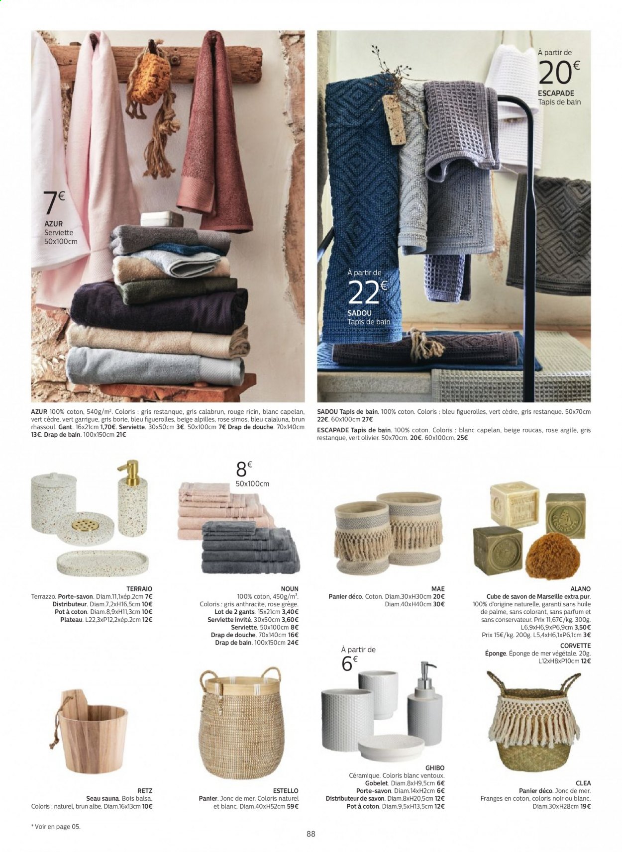 thumbnail - Catalogue alinea - Produits soldés - panier, éponge, distributeur de savon, serviette, drap, tapis, drap de bain, tapis de bain. Page 88.