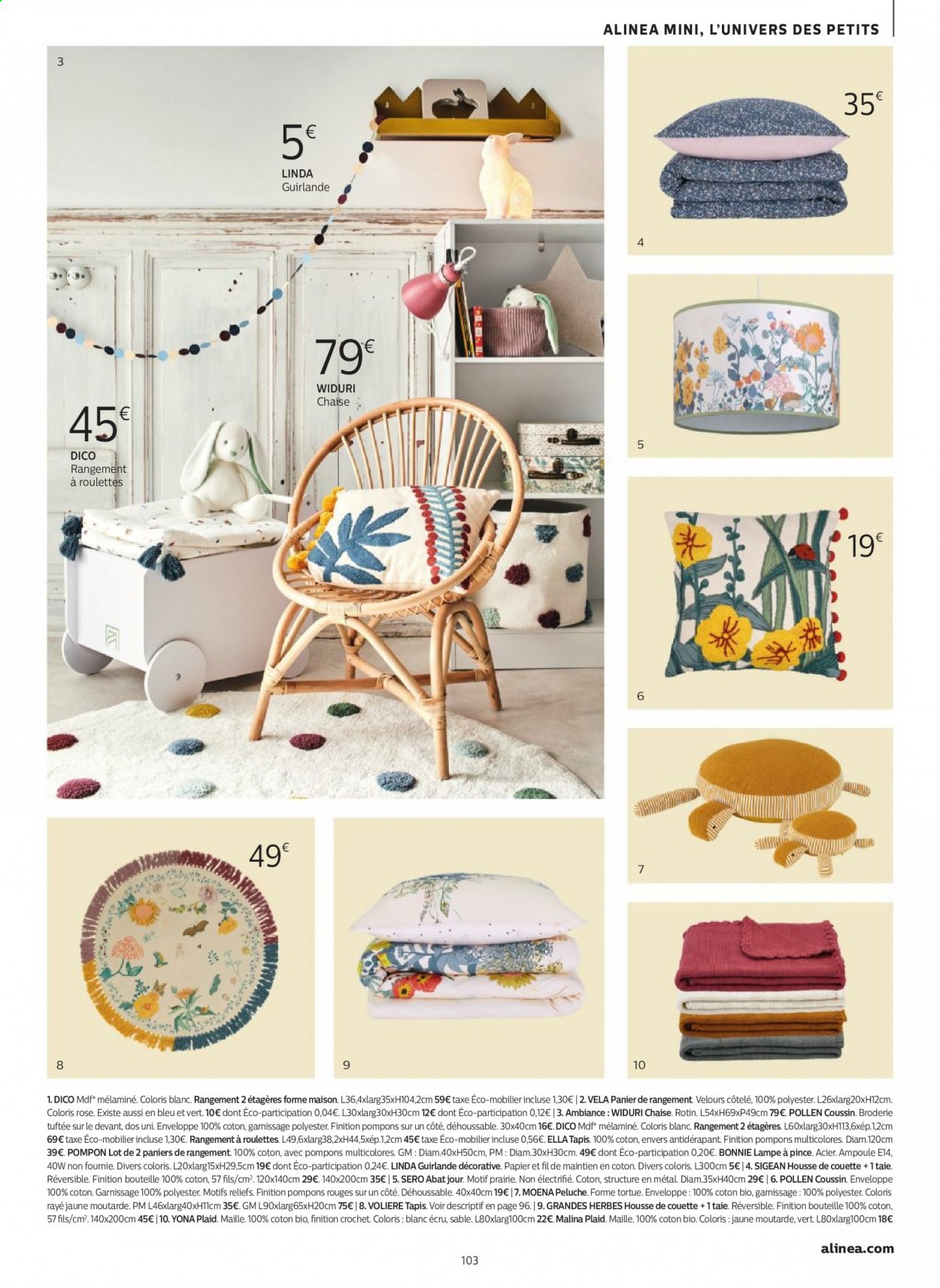 thumbnail - Catalogue alinea - Produits soldés - chaise, panier, couette, coussin, housse de couette, plaid, taie, tapis, guirlande. Page 103.