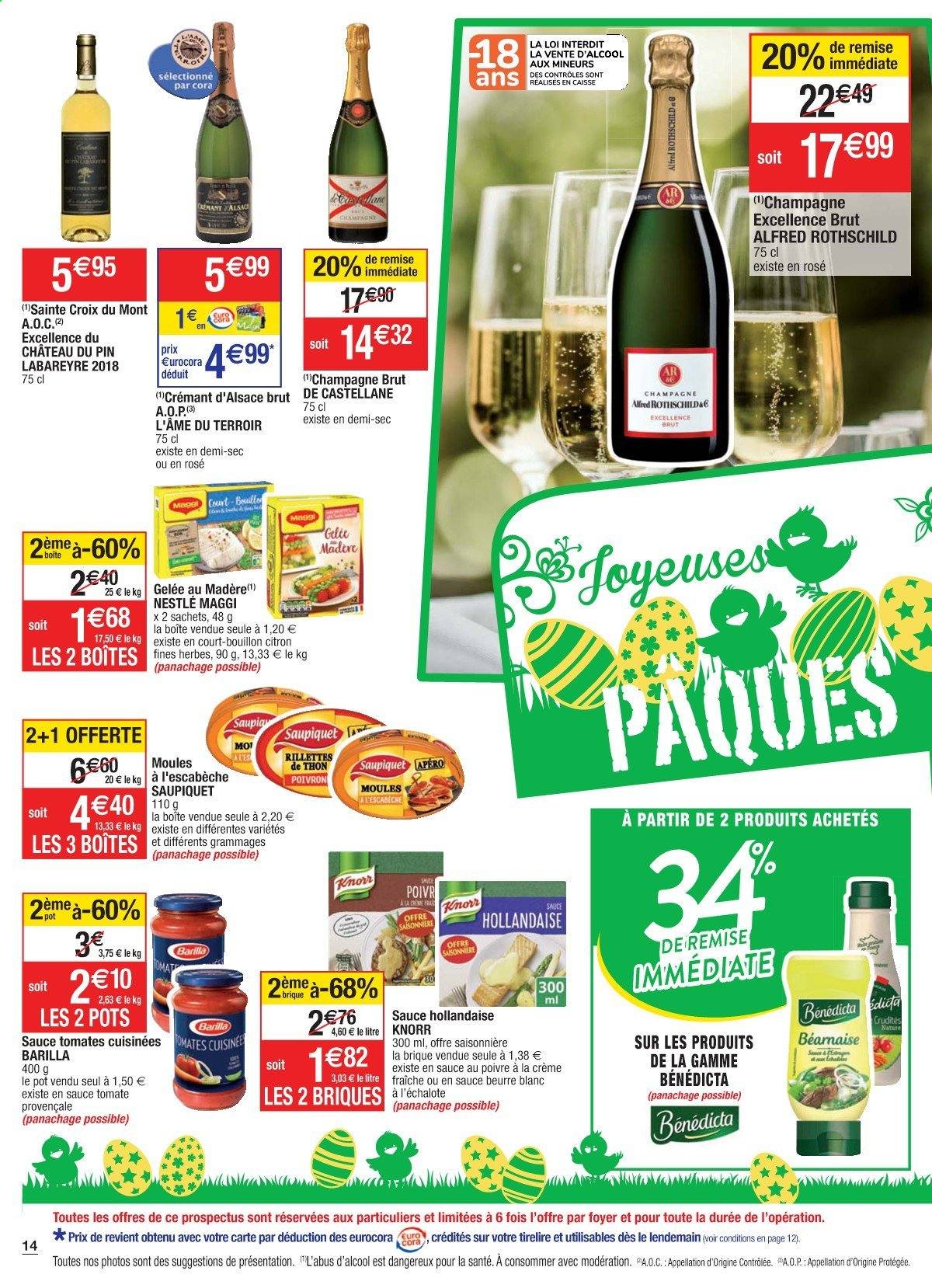 thumbnail - Catalogue Cora - 23/03/2021 - 03/04/2021 - Produits soldés - poivrons, rillettes, moules, Knorr, Nestlé, bouillon, sauce tomate, Barilla, Bénédicta, Béarnaise, Crémant d’Alsace, champagne. Page 14.