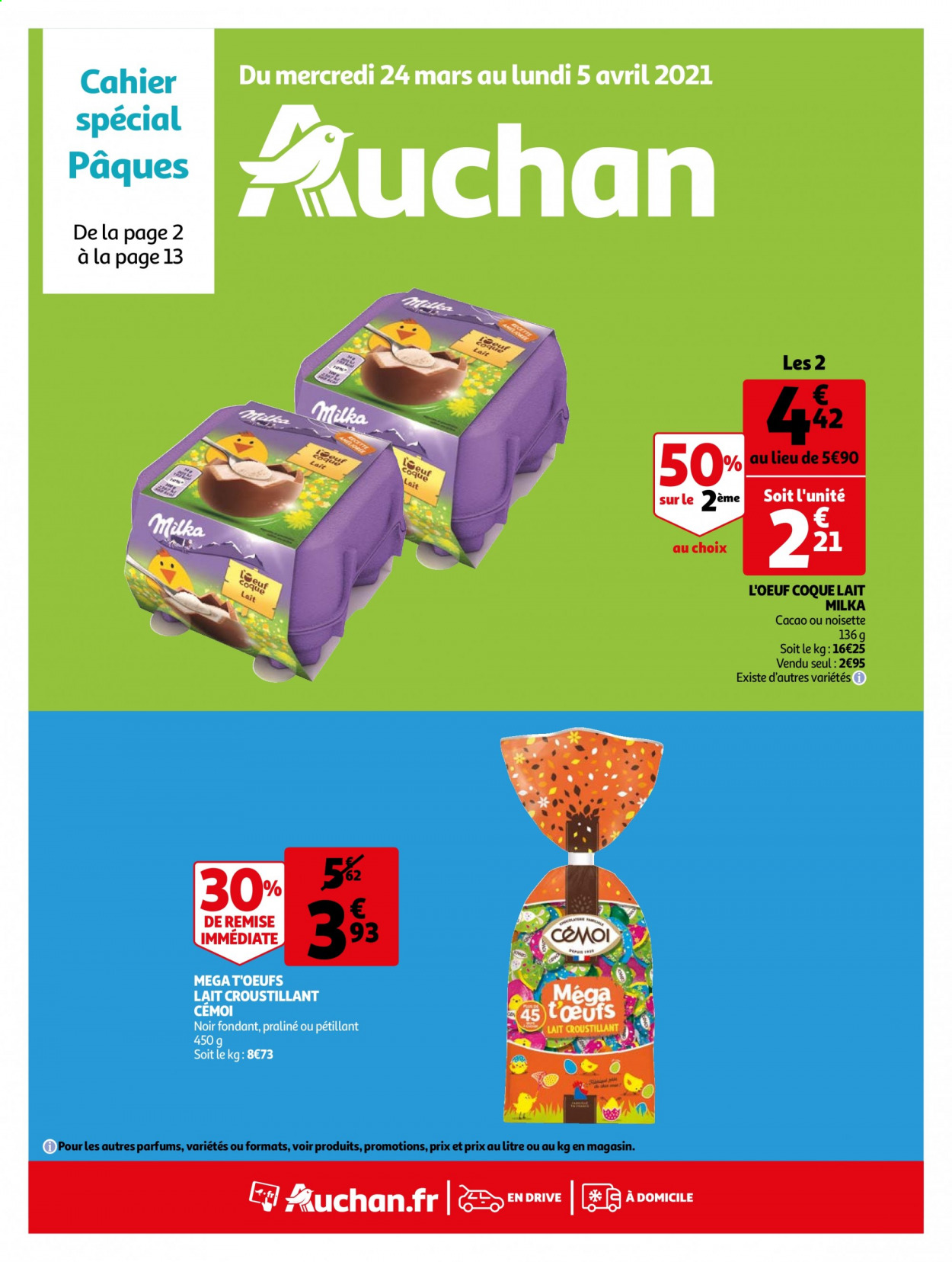 thumbnail - Catalogue Auchan - 24/03/2021 - 05/04/2021 - Produits soldés - Milka, œufs, pralinés, cacao, cahier. Page 1.