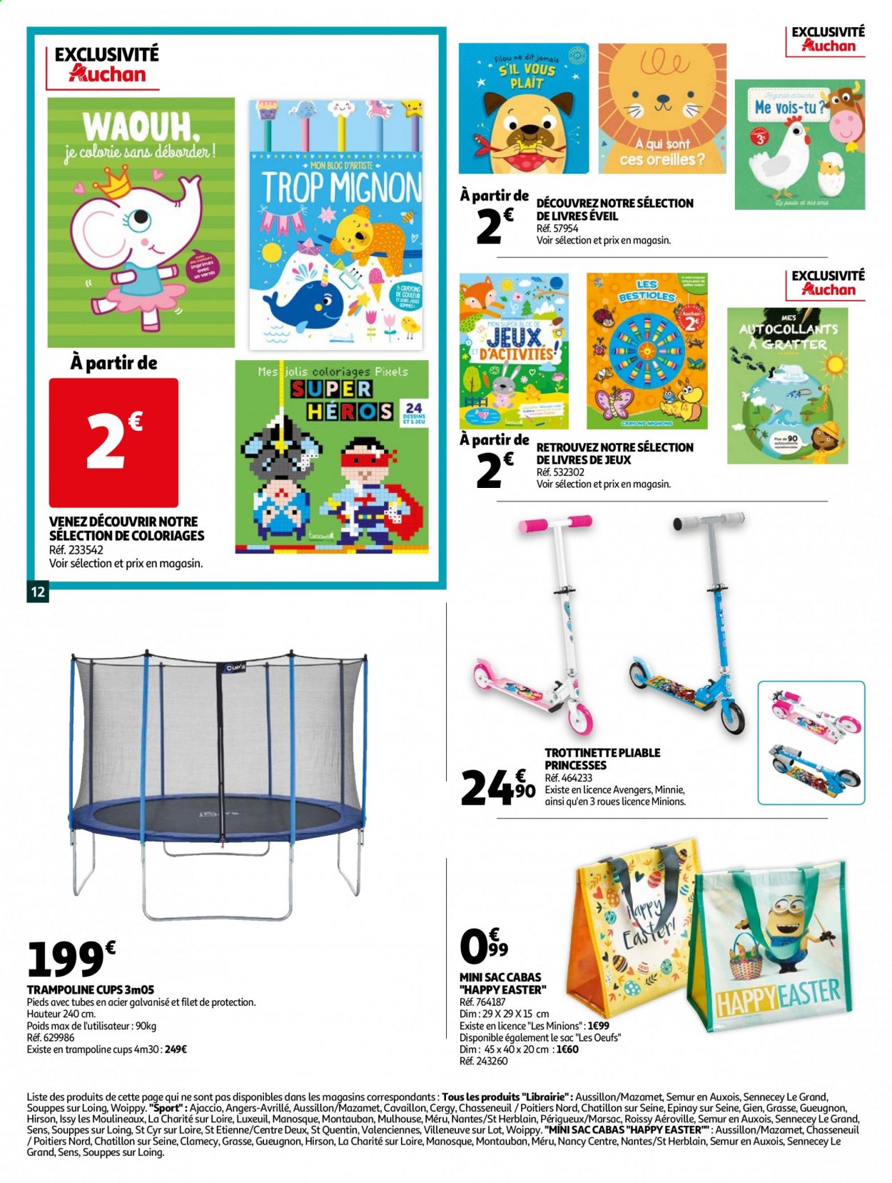thumbnail - Catalogue Auchan - 24/03/2021 - 05/04/2021 - Produits soldés - œufs, coloriage, trottinette, sac à main, trampoline. Page 12.