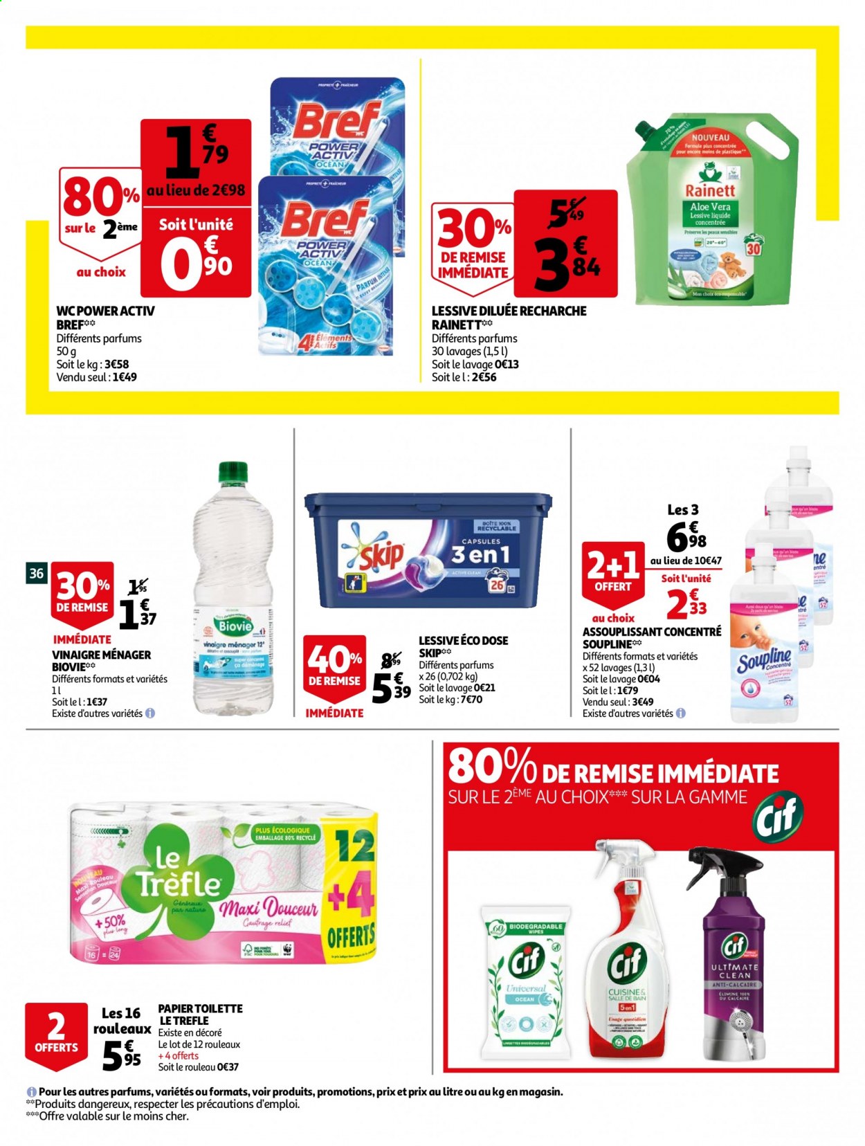 thumbnail - Catalogue Auchan - 24/03/2021 - 05/04/2021 - Produits soldés - papier toilette, Bref, vinaigre ménager, assouplissant, Skip, lessive, Soupline. Page 38.