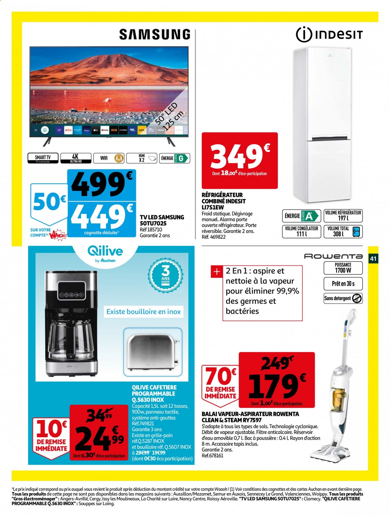 thumbnail - Catalogue Auchan - 24/03/2021 - 05/04/2021 - Produits soldés - Indesit, Samsung, balai, téléviseur, téléviseur LED, smart tv, réfrigérateur combiné, cafetière, aspirateur, balai vapeur, Rowenta, grille pain, bouilloire. Page 43.