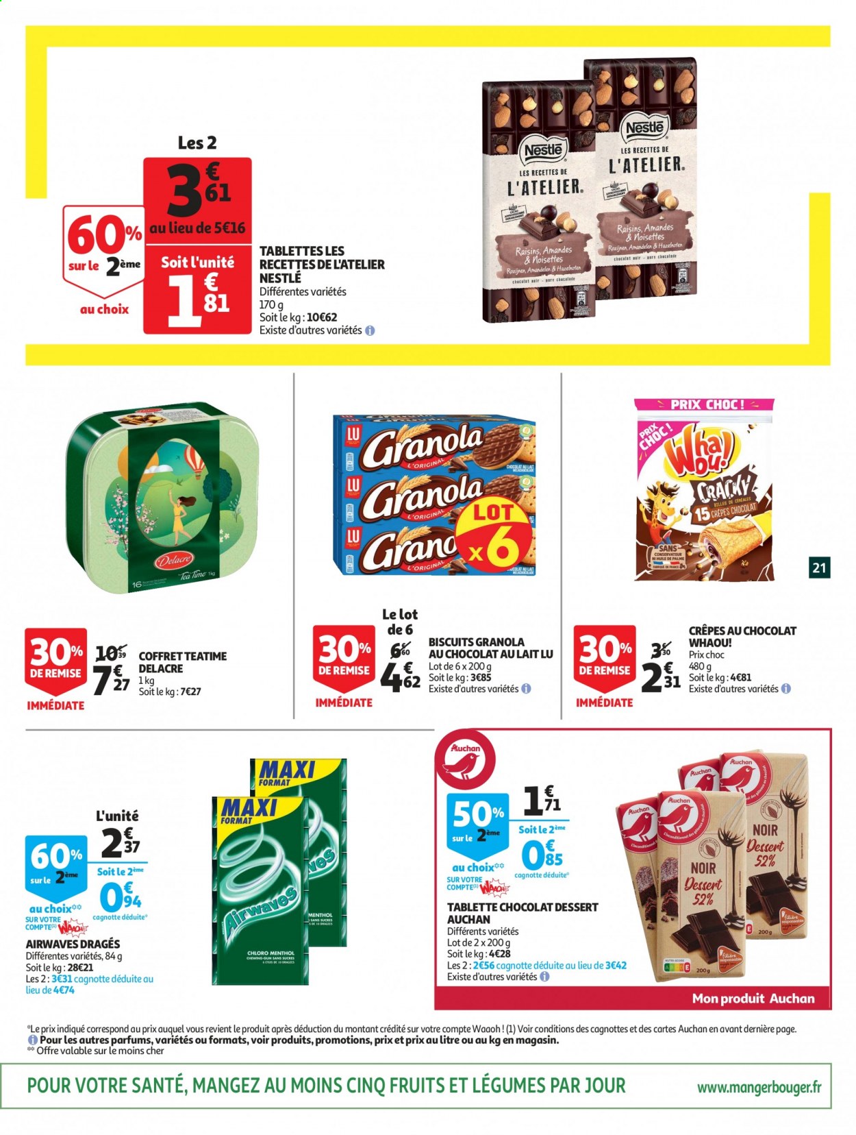 thumbnail - Catalogue Auchan - 24/03/2021 - 05/04/2021 - Produits soldés - crêpes, dessert, Nestlé, granola, Delacre, LU, raisins, coffret. Page 21.
