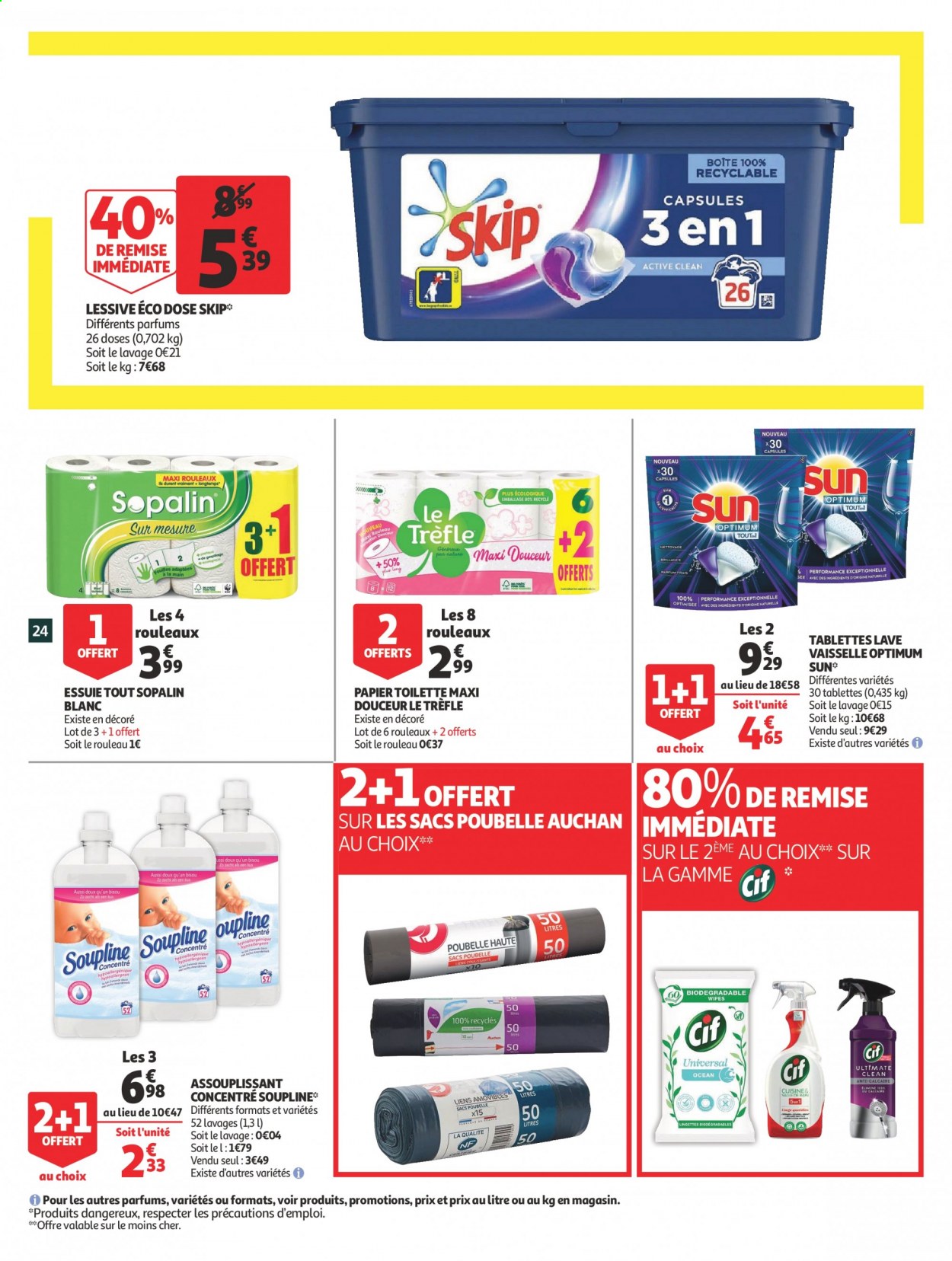 thumbnail - Catalogue Auchan - 24/03/2021 - 05/04/2021 - Produits soldés - lingettes, papier toilette, Sopalin, Cif, assouplissant, Skip, lessive, Soupline, tablettes lave-vaisselle. Page 24.