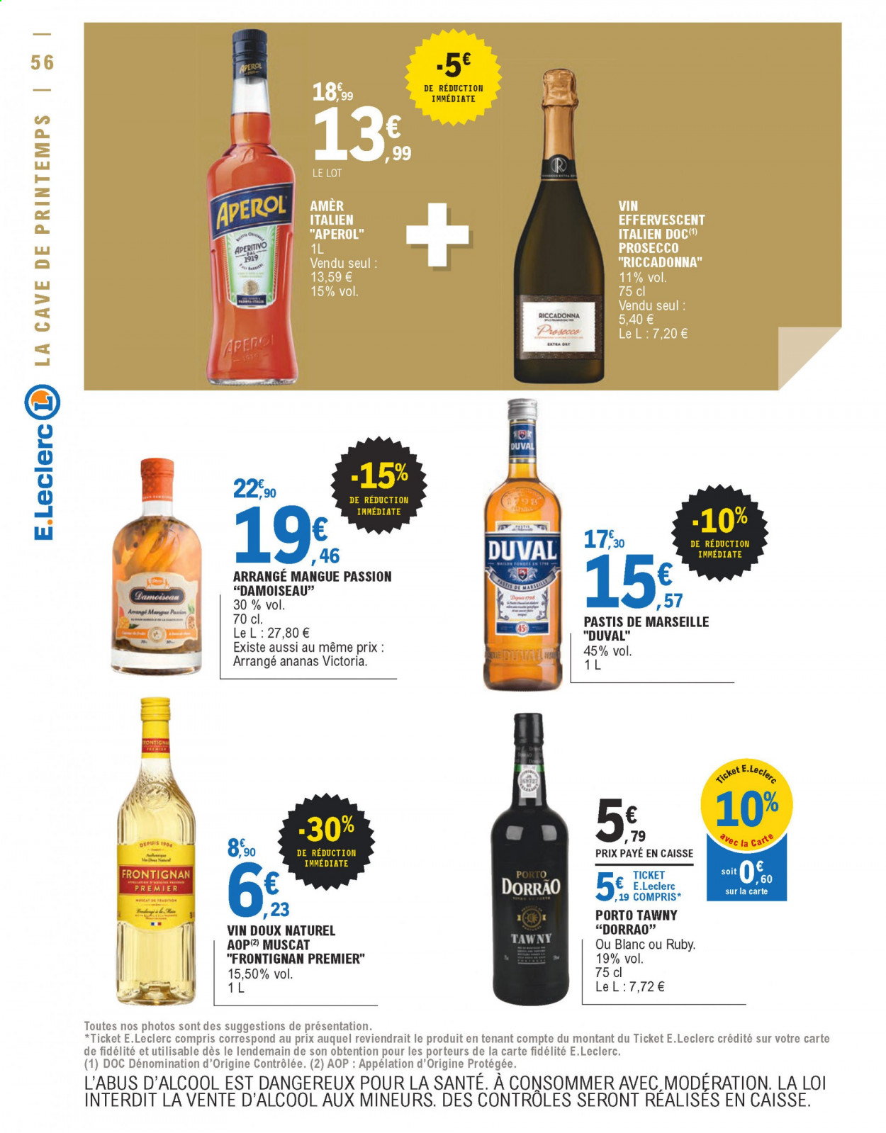 thumbnail - Catalogue E.Leclerc - 23/03/2021 - 03/04/2021 - Produits soldés - Prosecco, vin, Aperol, vin fortifié Porto, pastis, Amer, maison. Page 56.