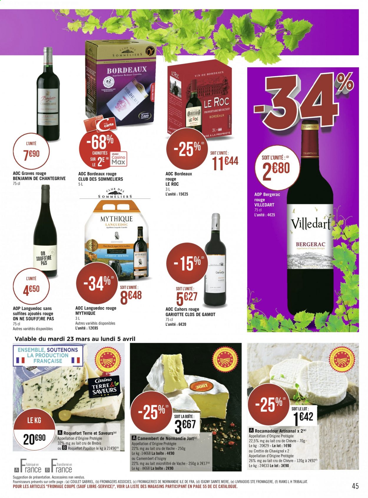 thumbnail - Catalogue Géant Casino - 22/03/2021 - 05/04/2021 - Produits soldés - camembert, fromage, roquefort, Bordeaux, vin rouge. Page 45.