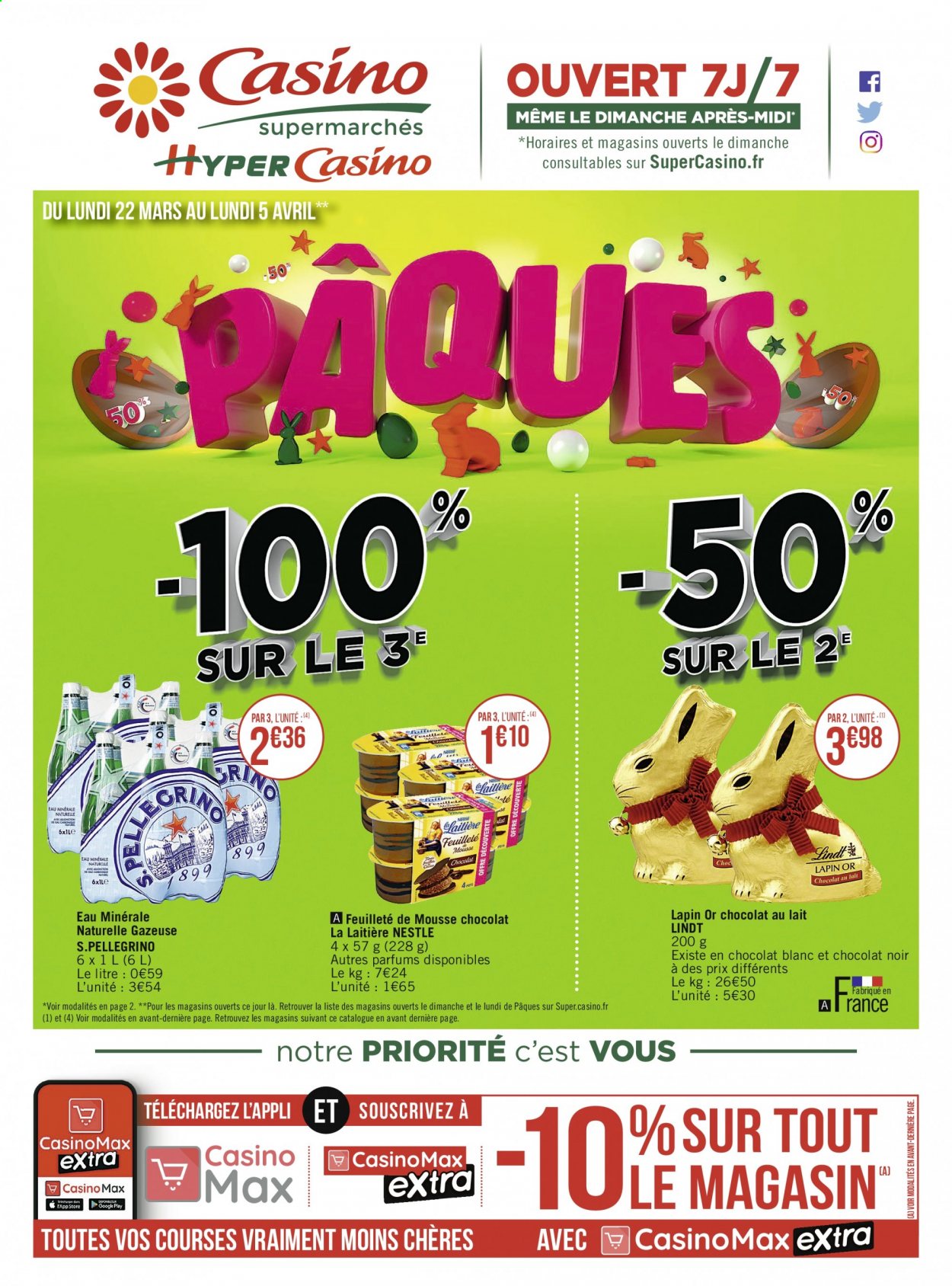 thumbnail - Catalogue Géant Casino - 22/03/2021 - 05/04/2021 - Produits soldés - Nestlé, dessert au lait, Lindt, eau minérale, eau minérale naturelle. Page 1.