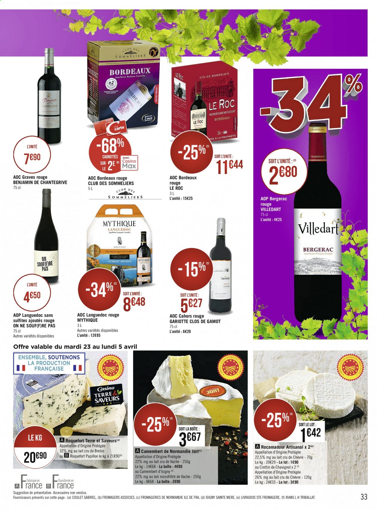 thumbnail - Catalogue Géant Casino - 22/03/2021 - 05/04/2021 - Produits soldés - camembert, fromage, roquefort, Bordeaux, vin rouge. Page 33.