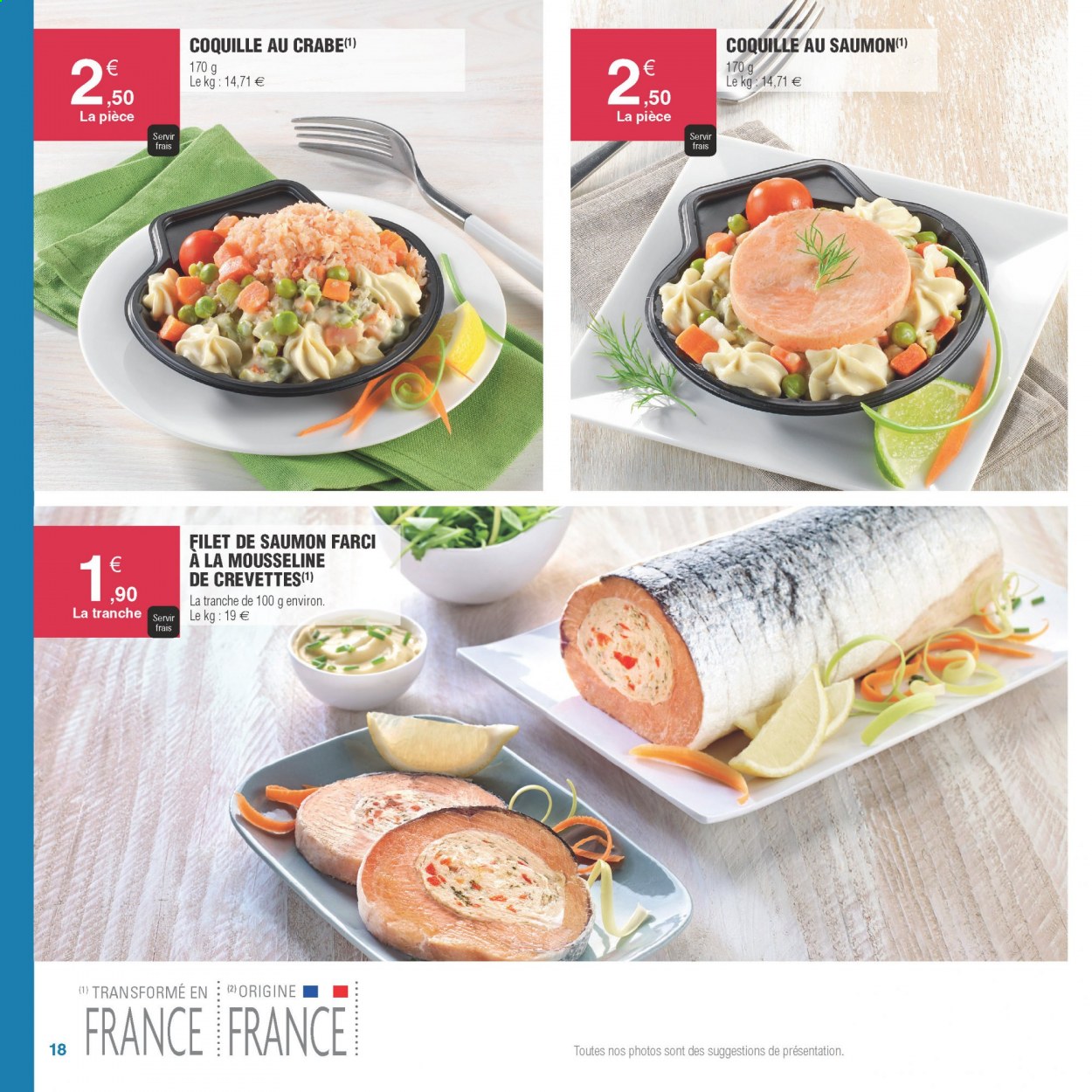 thumbnail - Catalogue E.Leclerc - Produits soldés - crabe, crevettes, pavés de saumon, saumon farci. Page 18.
