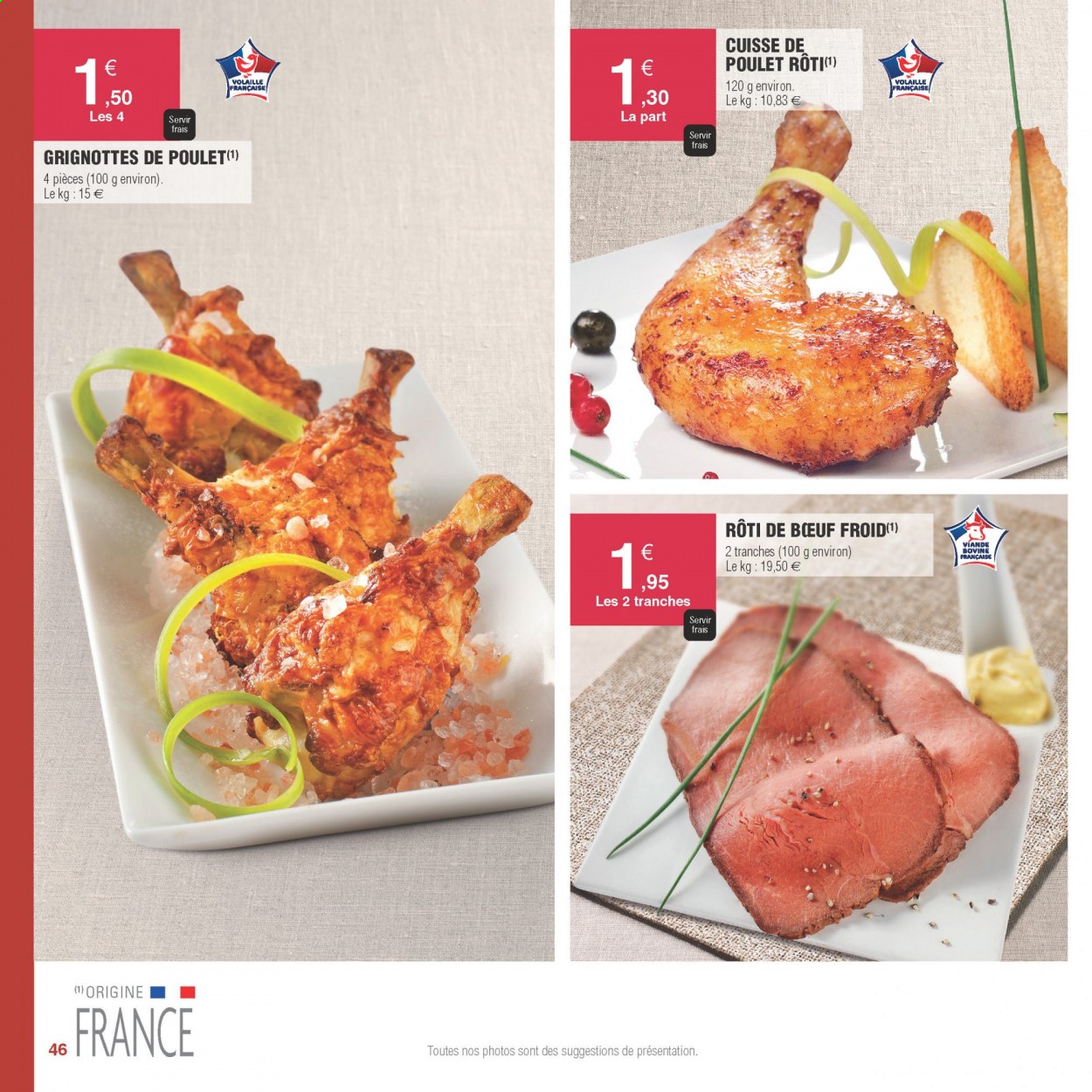 thumbnail - Catalogue E.Leclerc - Produits soldés - viande de poulet, cuisse de poulet, poulet rôti. Page 46.