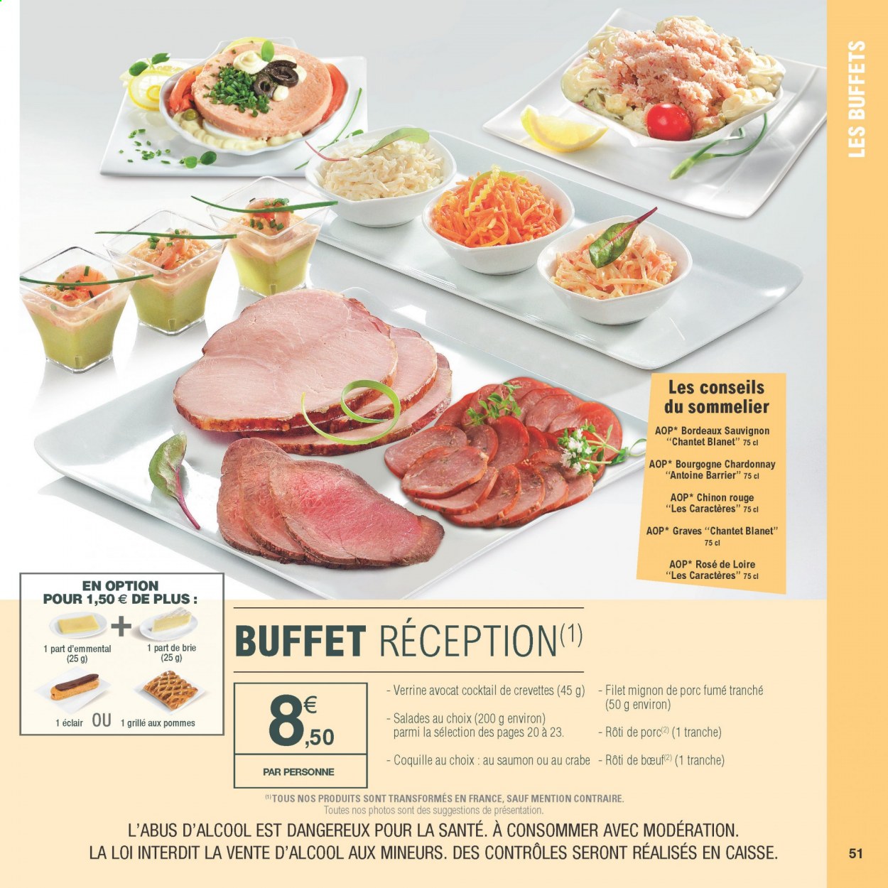 thumbnail - Catalogue E.Leclerc - Produits soldés - grille aux pommes, crabe, crevettes, Bordeaux, vin rouge, vin, Cabernet Sauvignon, buffet. Page 51.