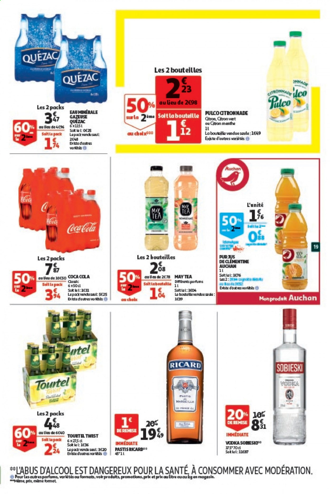 thumbnail - Catalogue Auchan - 24/03/2021 - 05/04/2021 - Produits soldés - tourte, menthe, Coca-Cola, eau minérale, eau minérale gazeuse, Quézac, pastis. Page 19.