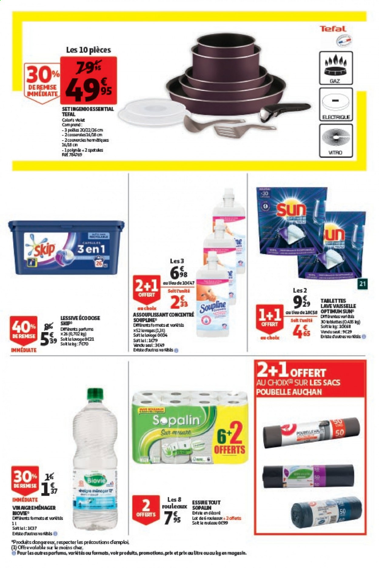 thumbnail - Catalogue Auchan - 24/03/2021 - 05/04/2021 - Produits soldés - Tefal, Sopalin, assouplissant, Skip, lessive, Soupline, tablettes lave-vaisselle. Page 21.