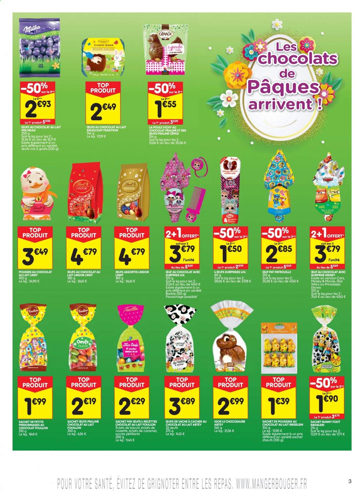 thumbnail - Catalogue Leader Price - 23/03/2021 - 05/04/2021 - Produits soldés - Milka, Barbie, Lindor, pralinés, Lindt, Disney, Vichy, Cars. Page 3.