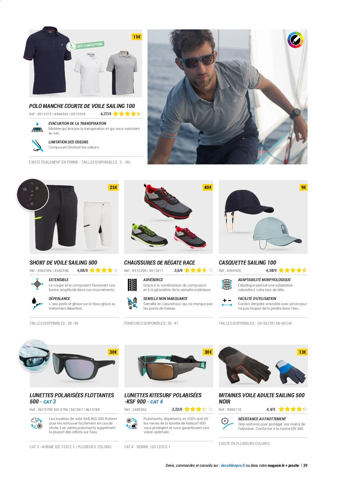 thumbnail - Catalogue Decathlon - Produits soldés - shorts, t-shirt, casquette, lunettes, bateau. Page 29.