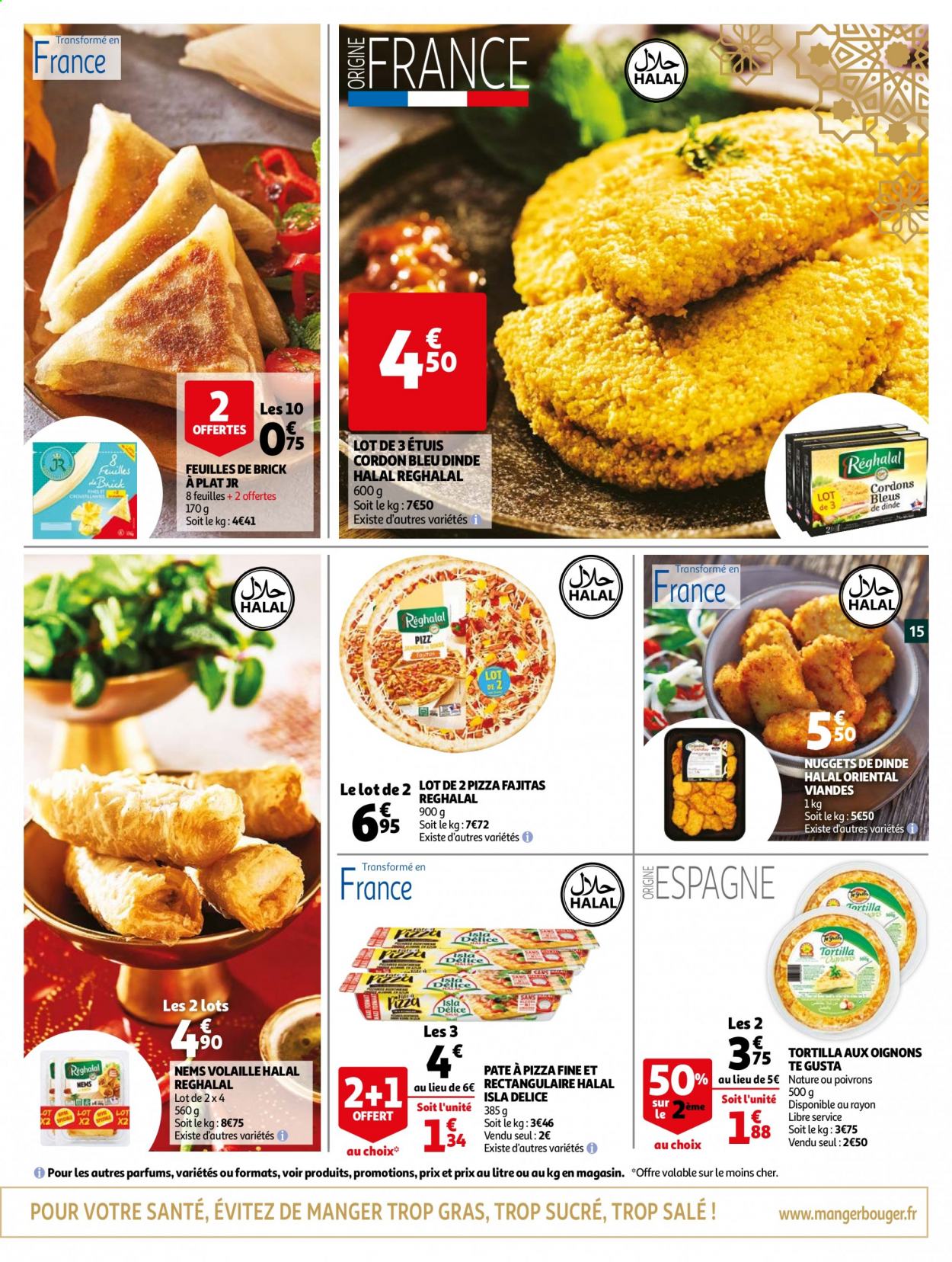 thumbnail - Catalogue Auchan - 31/03/2021 - 30/04/2021 - Produits soldés - tortilla, cordon bleu, nuggets de dinde, nems, fajitas, pâte à pizza. Page 15.