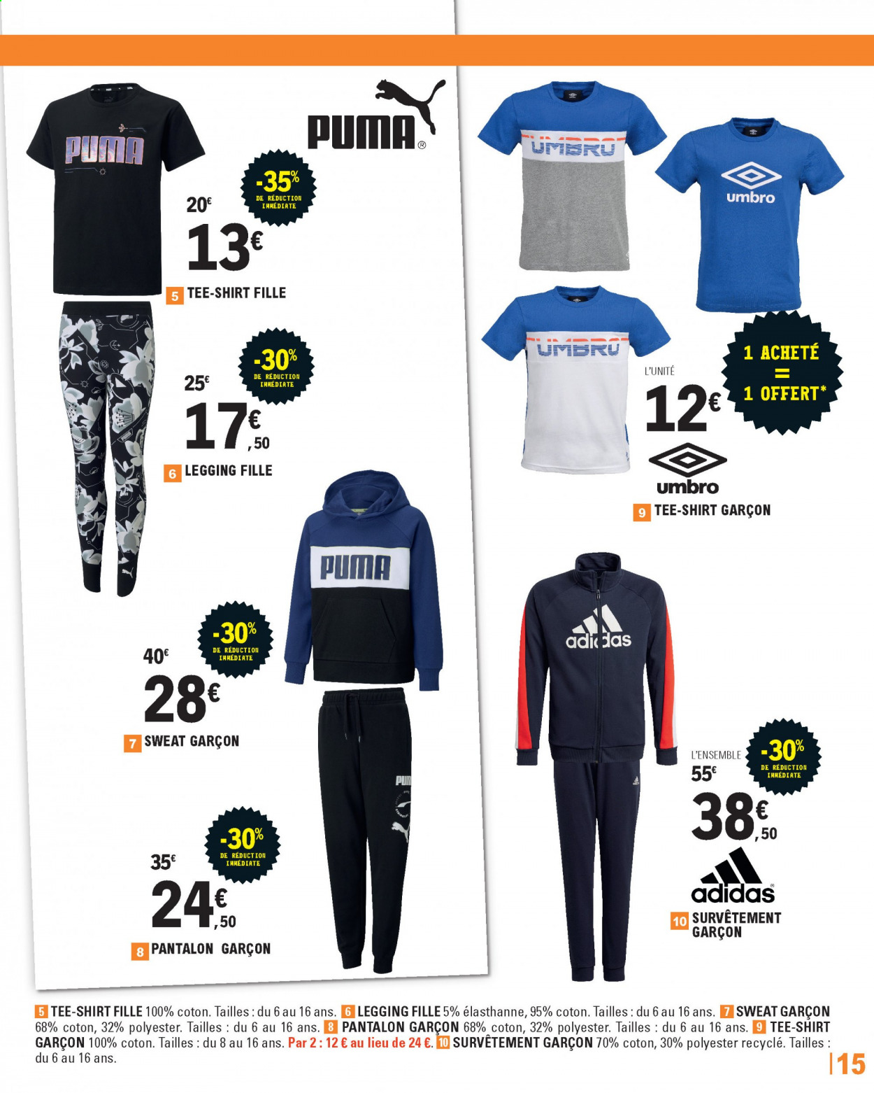 thumbnail - Catalogue E.Leclerc - 30/03/2021 - 17/04/2021 - Produits soldés - Adidas, Umbro, Puma, pantalon, t-shirt, sweat-shirt, leggings. Page 15.