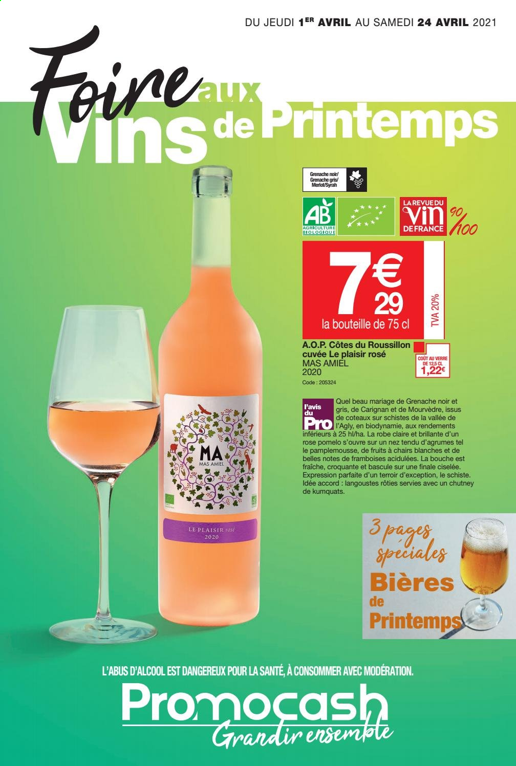 thumbnail - Catalogue Promocash - 01/04/2021 - 24/04/2021 - Produits soldés - bière, pomelo, Côtes du Roussillon, vin rouge, verre. Page 1.