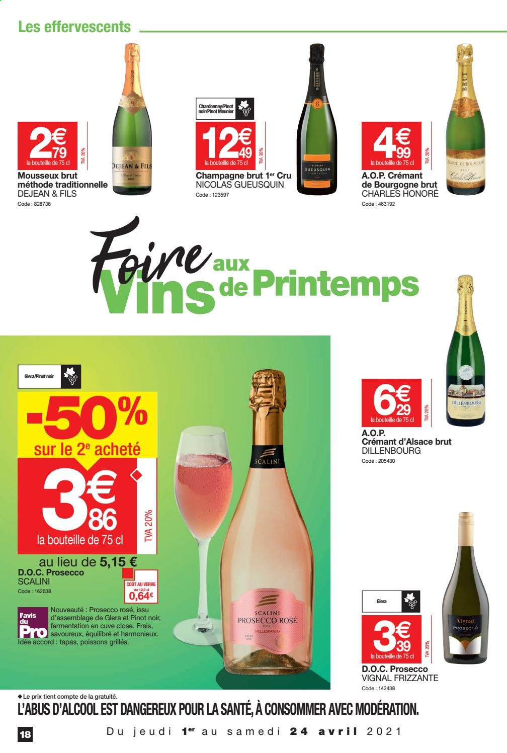 thumbnail - Catalogue Promocash - 01/04/2021 - 24/04/2021 - Produits soldés - Crémant d’Alsace, champagne, Prosecco, vin, Crémant de Bourgogne, verre. Page 18.