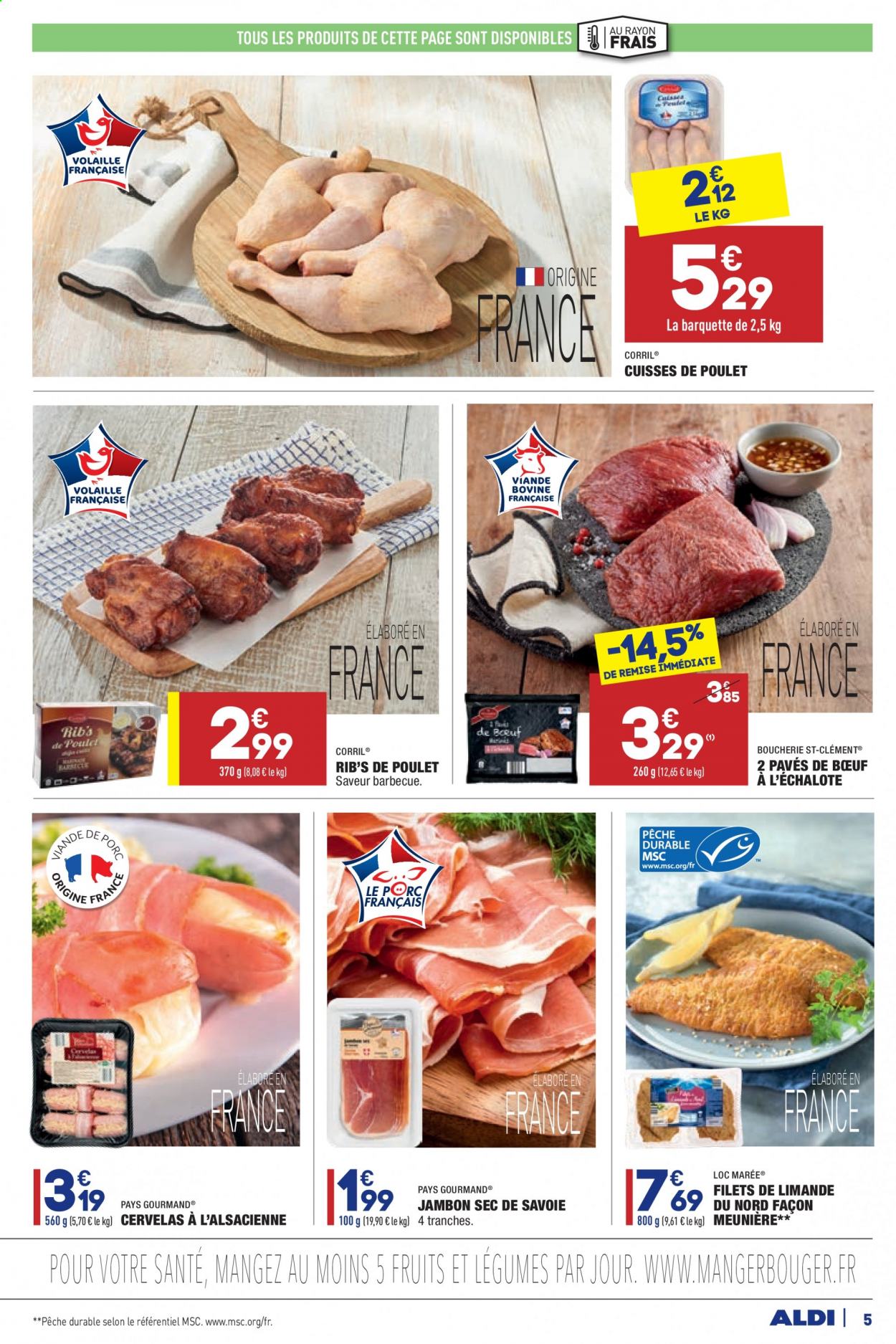 thumbnail - Catalogue ALDI - 06/04/2021 - 12/04/2021 - Produits soldés - cuisses de poulet, viande de poulet, limande, jambon, jambon sec, cervelas. Page 5.