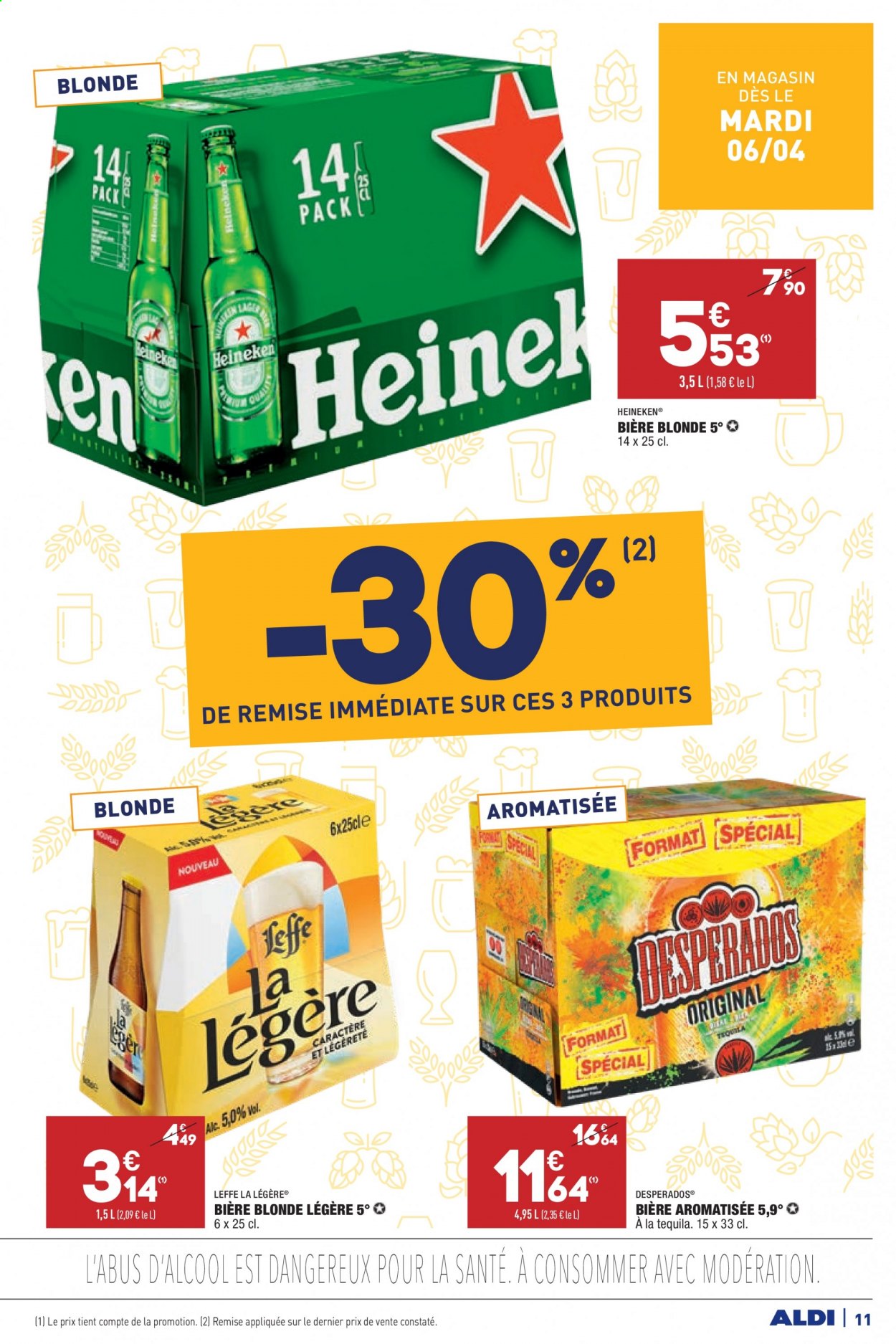 thumbnail - Catalogue ALDI - 06/04/2021 - 12/04/2021 - Produits soldés - Leffe, bière, bière blonde, Heineken, tequila. Page 11.