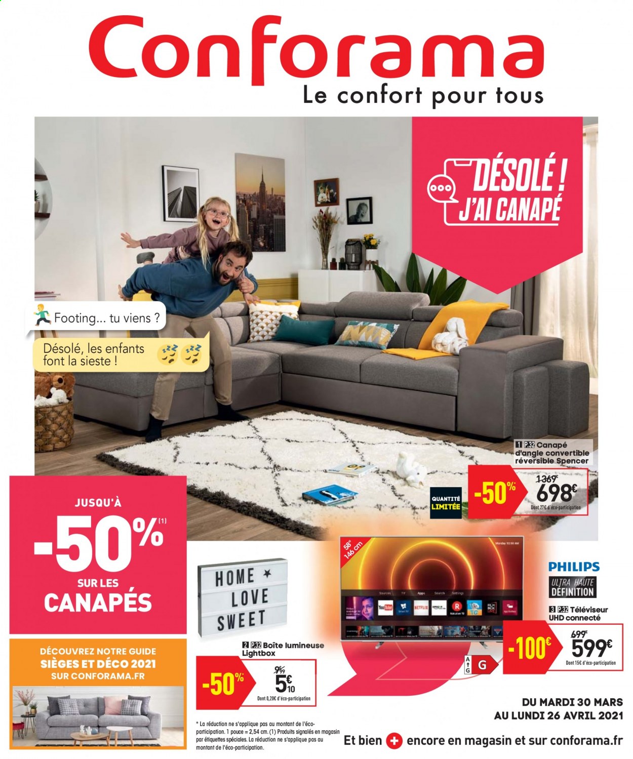 thumbnail - Catalogue Conforama - 30/03/2021 - 26/04/2021 - Produits soldés - téléviseur, canapé. Page 1.