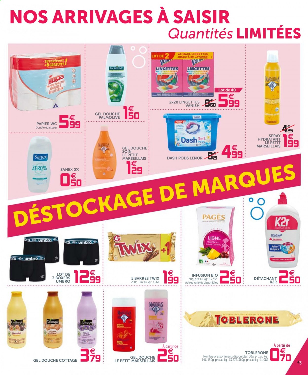 thumbnail - Catalogue GiFi - Produits soldés - Umbro, lingettes, papier toilette, Vanish, Lenor, gel douche, Le Petit Marseillais, Palmolive, Sanex. Page 3.