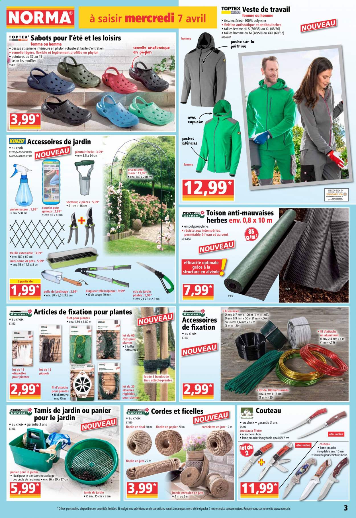 thumbnail - Catalogue Norma - 07/04/2021 - 13/04/2021 - Produits soldés - sabots, pelle, couteau, pulvérisateur, coussin, veste, ceinture, scie, outils de jardinage, sécateur. Page 3.