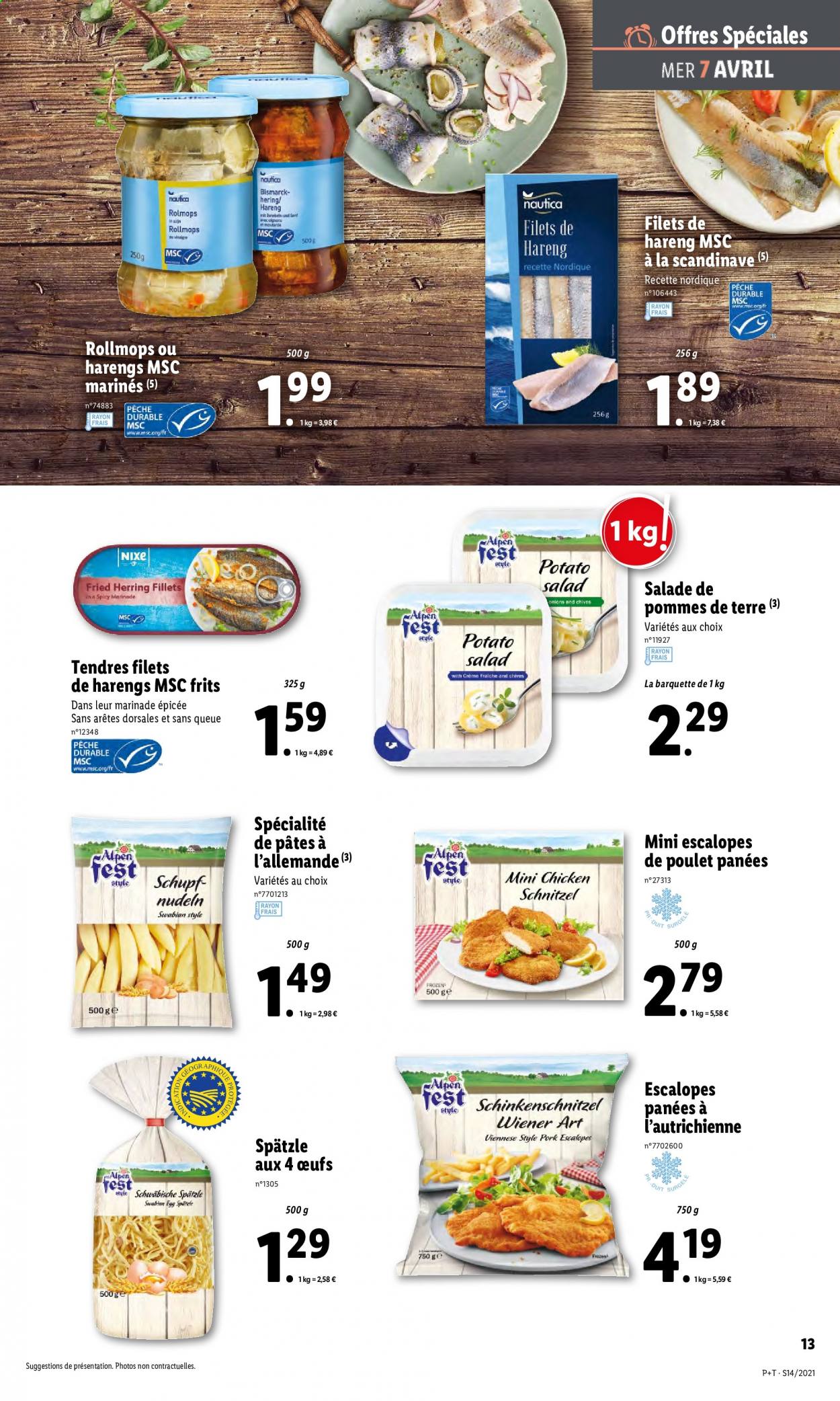 thumbnail - Catalogue Lidl - 07/04/2021 - 13/04/2021 - Produits soldés - escalope, salade, hareng, spätzlis, œufs, crème fraîche. Page 15.