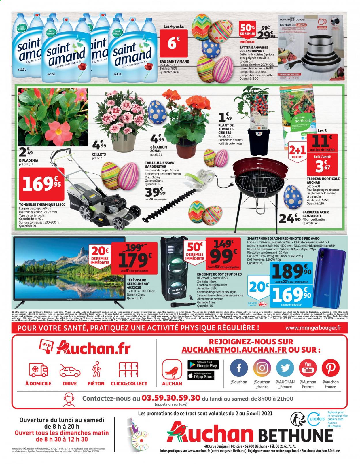 thumbnail - Catalogue Auchan - 02/04/2021 - 05/04/2021 - Produits soldés - poêle, tomates cerises, vin, batterie de cuisine, casserole, Xiaomi, smartphone, téléviseur, téléviseur LED, enceinte, enceinte bluetooth, tondeuse, taille haie, barbecue, terreau, dipladenia. Page 2.