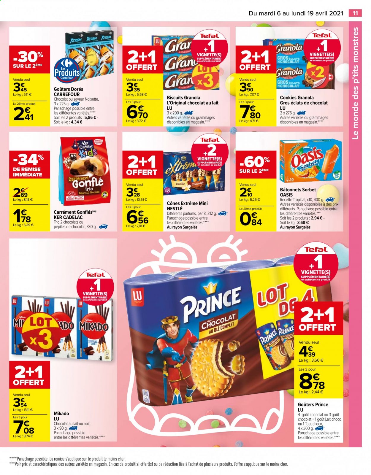 thumbnail - Catalogue Carrefour Hypermarchés - 06/04/2021 - 19/04/2021 - Produits soldés - Nestlé, Oasis, sorbet, biscuits, granola, Mikado, cookies, Prince Lu, LU, cônes. Page 11.