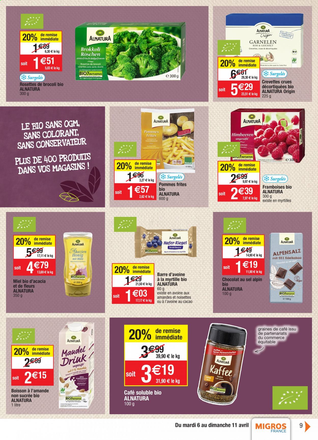 thumbnail - Catalogue Migros France - 06/04/2021 - 11/04/2021 - Produits soldés - crevettes, frites, chocolat, miel, café soluble. Page 9.