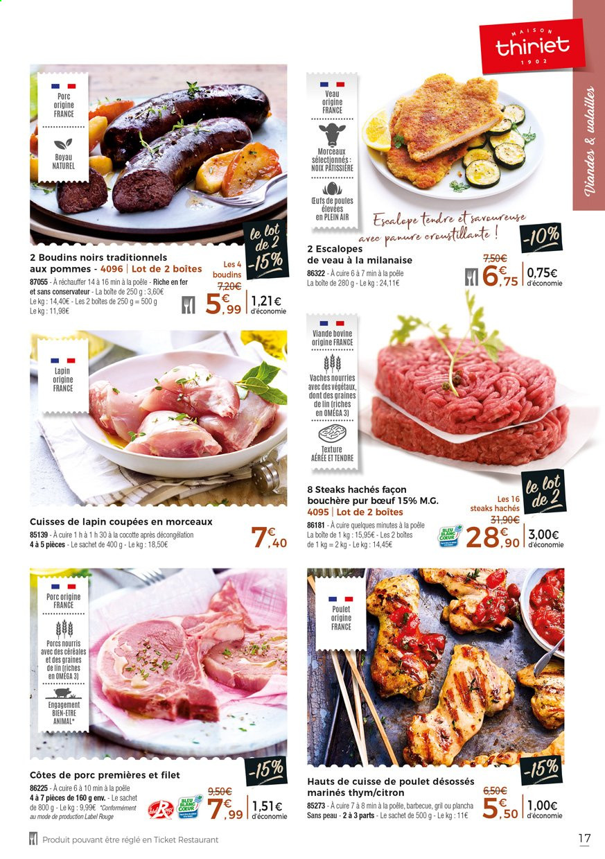 thumbnail - Catalogue Thiriet - 01/04/2021 - 27/04/2021 - Produits soldés - côtes de porc, escalope, viande de porc, citron, viande de poulet, cuisse de poulet, viande de veau, steak haché, viande hachée, viande de lapin, cuisses de lapin, thym. Page 17.