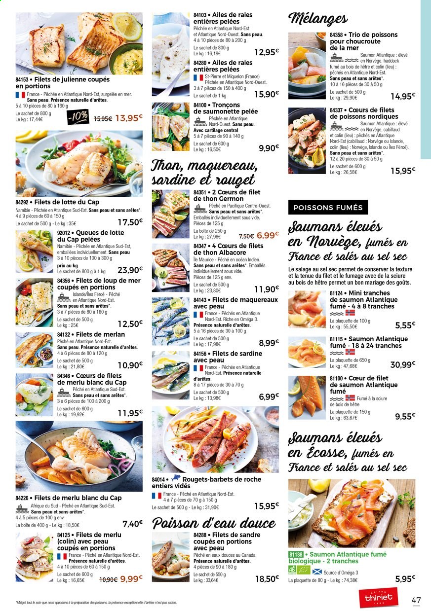 thumbnail - Catalogue Thiriet - 01/04/2021 - 27/04/2021 - Produits soldés - saumon, cabillaud, filet de lotte, filet de merlan, haddock, thon, maquereau, merlu, sandre, sardines, pavés de saumon, choucroute. Page 49.