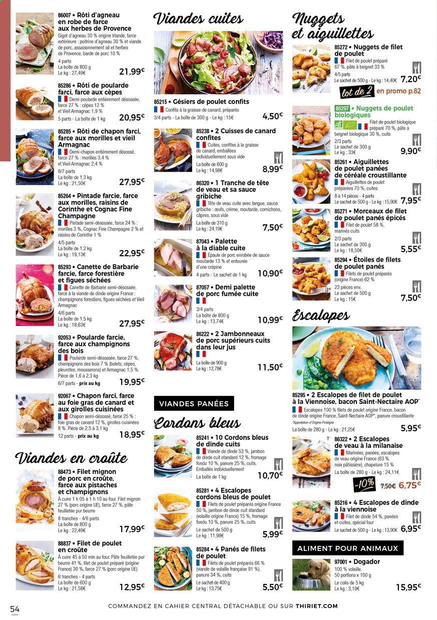 thumbnail - Catalogue Thiriet - 01/04/2021 - 27/04/2021 - Produits soldés - escalope, filet mignon, gésiers, palette de porc, palette à la diable, alcool, chapelure, filet de poulet, chapon, poularde farcie, pintade farcie, cuisse de canard, viande de poulet, viande de dinde, escalope de dinde, escalope de poulet, viande de veau, gigot d'agneau, viande d'agneau, cordon bleu, nuggets de poulet, jambon, graisse de canard, pâte feuilletée, champagne, armagnac, cognac. Page 56.