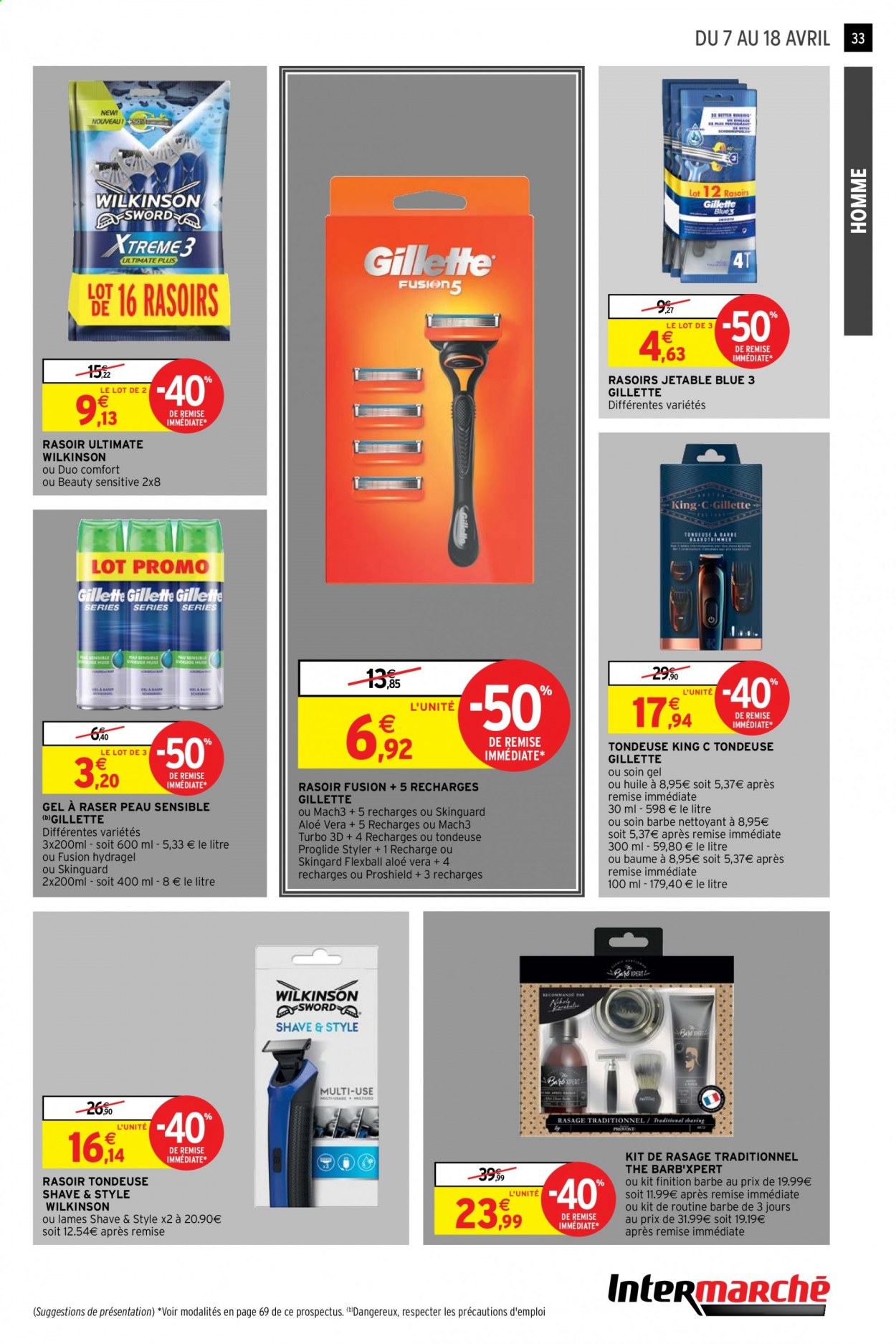 thumbnail - Catalogue Intermarché Super - 07/04/2021 - 18/04/2021 - Produits soldés - Gillette, Wilkinson Sword, rasoir, gel de rasage. Page 33.