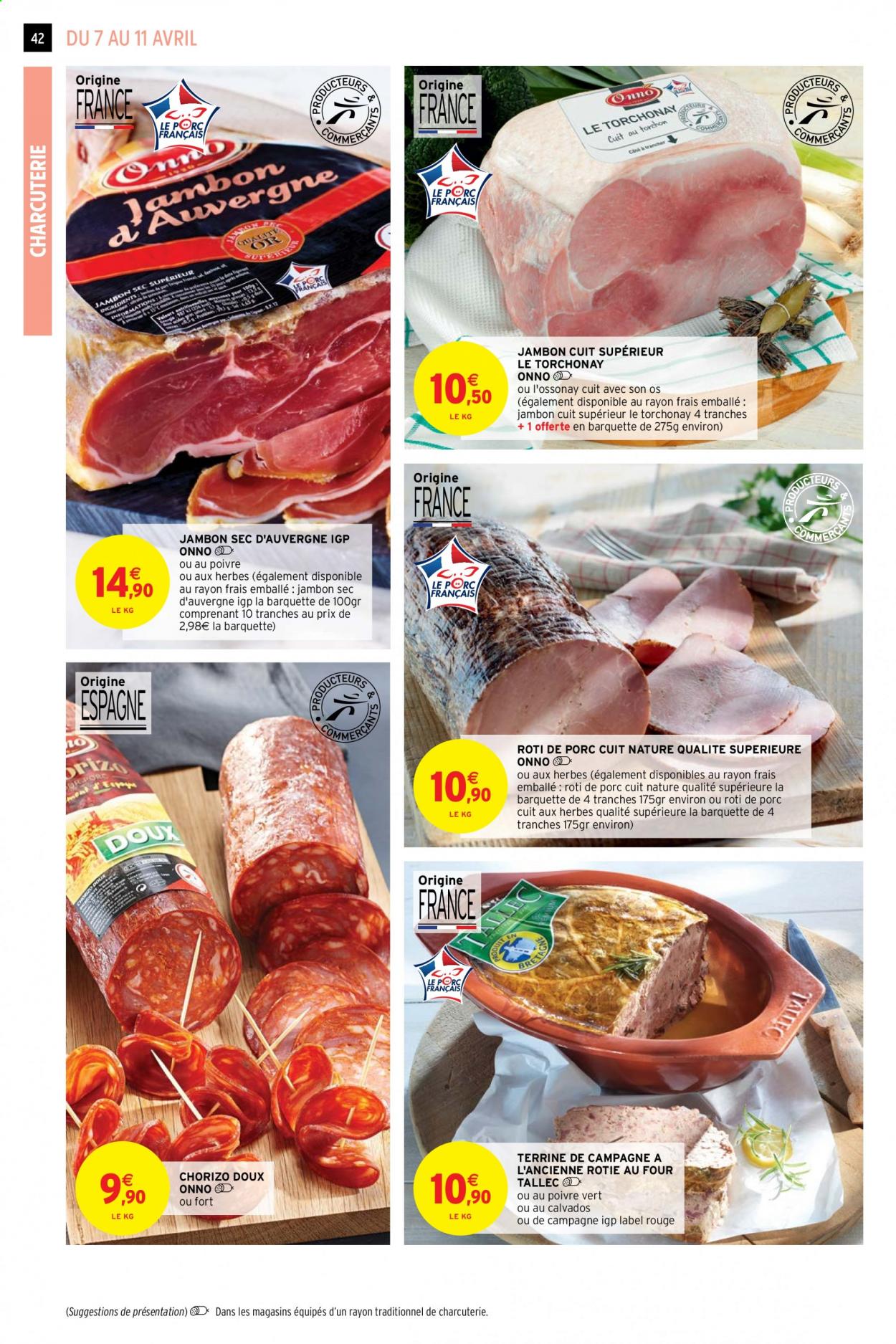 thumbnail - Catalogue Intermarché Super - 07/04/2021 - 18/04/2021 - Produits soldés - rôti de porc, viande de porc, jambon, chorizo, jambon sec, terrine. Page 42.