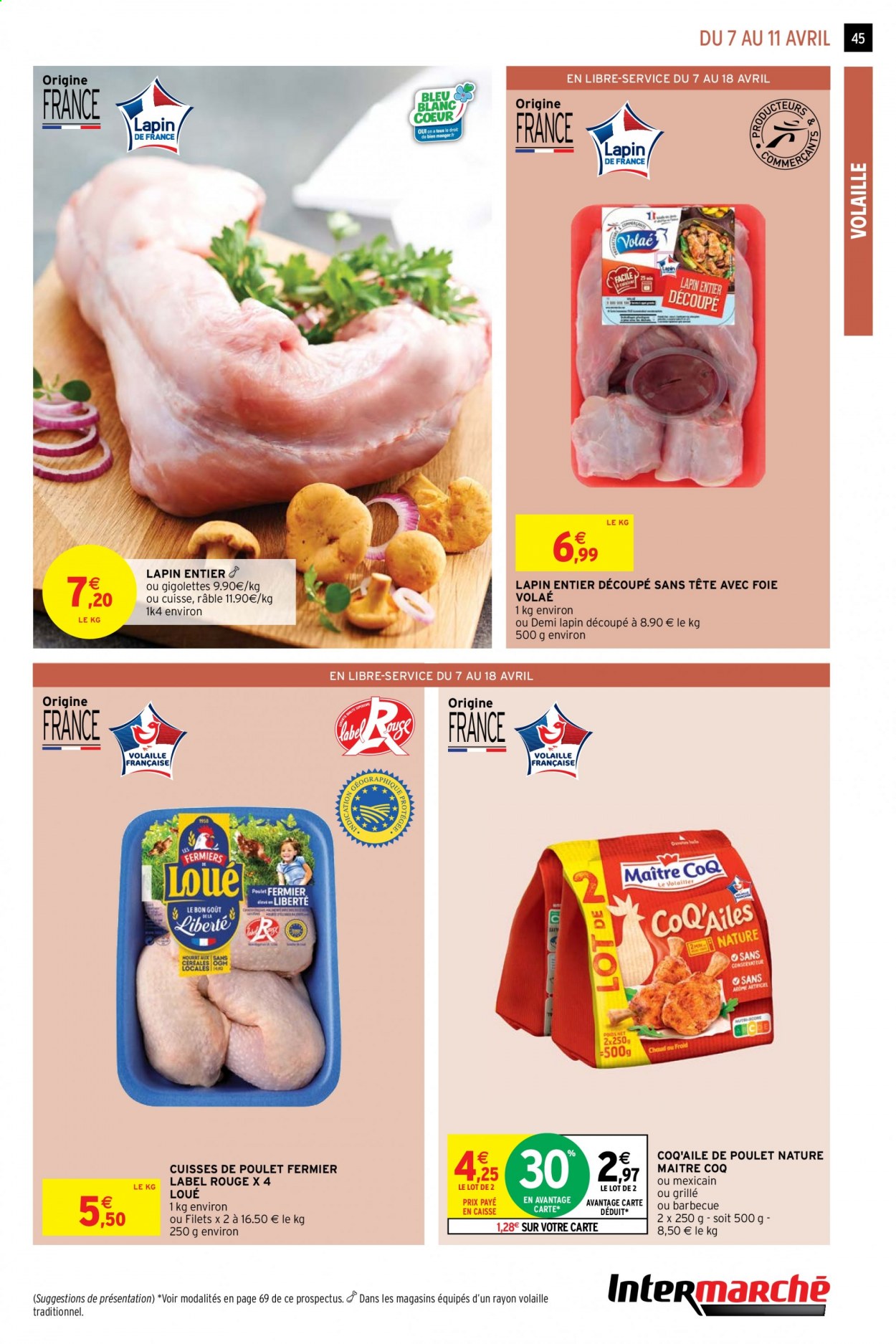 thumbnail - Catalogue Intermarché Super - 07/04/2021 - 18/04/2021 - Produits soldés - Maître CoQ, cuisses de poulet, viande de poulet, lapin entier, viande de lapin, barbecue. Page 45.