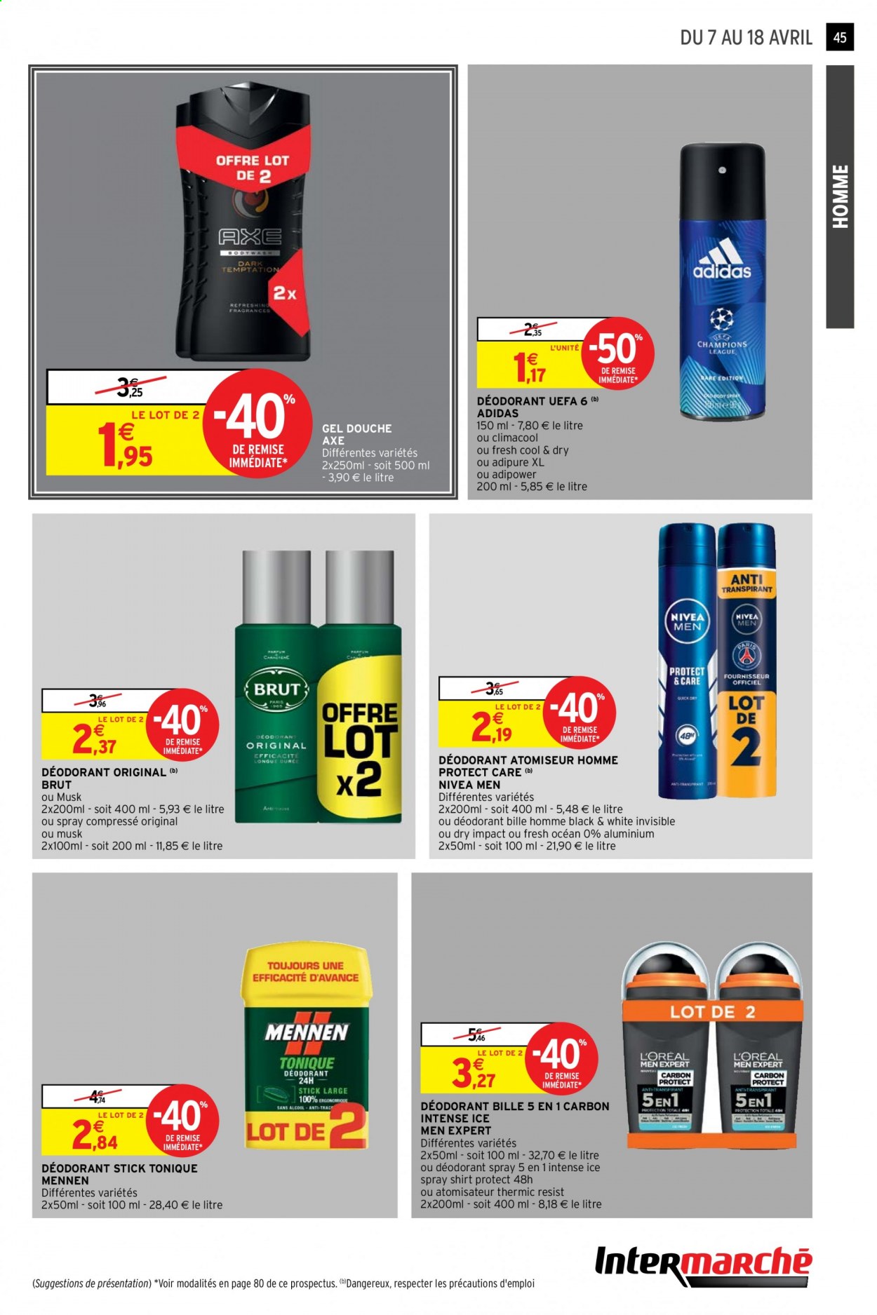 thumbnail - Catalogue Intermarché Hyper - 07/04/2021 - 18/04/2021 - Produits soldés - Adidas, Nivea, gel douche, Axe, déodorant, desodorisant. Page 45.