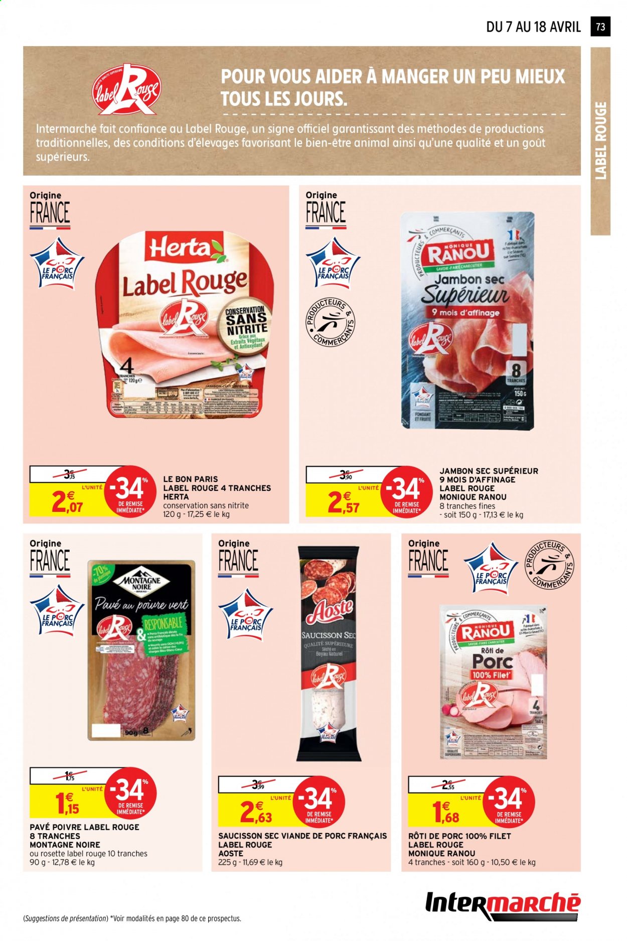 thumbnail - Catalogue Intermarché Hyper - 07/04/2021 - 18/04/2021 - Produits soldés - rôti de porc, viande de porc, Herta, jambon, jambon sec, rosette, Aoste, saucisson. Page 73.