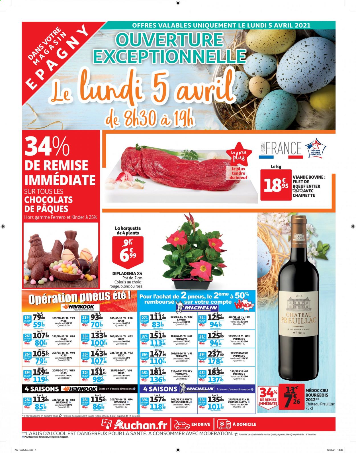 thumbnail - Catalogue Auchan - 05/04/2021 - 05/04/2021 - Produits soldés - viande de veau, chocolat, Kinder, dipladenia. Page 1.