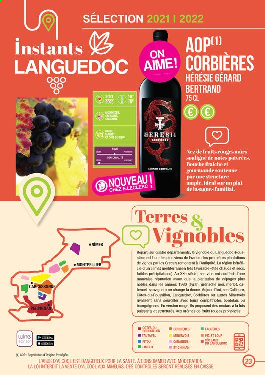 thumbnail - Catalogue E.Leclerc - Produits soldés - Corbières, Côtes du Roussillon, vin rouge, vin, Cabernet Sauvignon. Page 23.