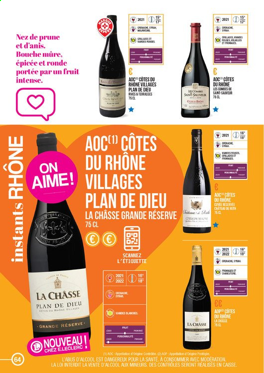 thumbnail - Catalogue E.Leclerc - Produits soldés - Côtes du Rhône, vin. Page 64.