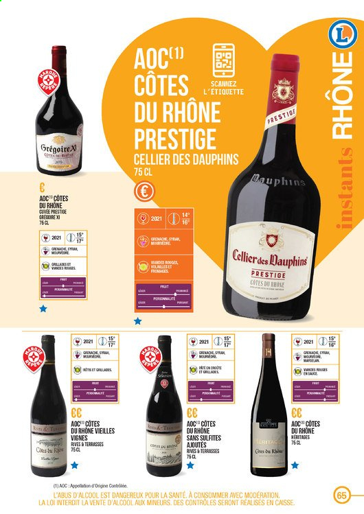 thumbnail - Catalogue E.Leclerc - Produits soldés - Côtes du Rhône, vin. Page 65.