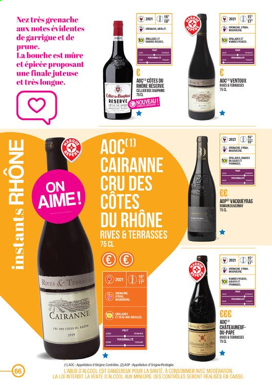 thumbnail - Catalogue E.Leclerc - Produits soldés - Côtes du Rhône, vin. Page 66.